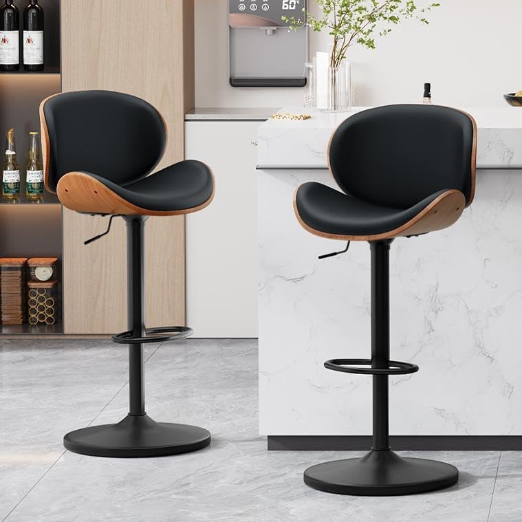 Barhocker 2er Set, Barstuhl Höhenverstellbar aus Kunstleder & Massivholz, 360°Drehstuhl Küchenstuhl mit Rückenlehne und Fußstütze für Küche, Esszimmer