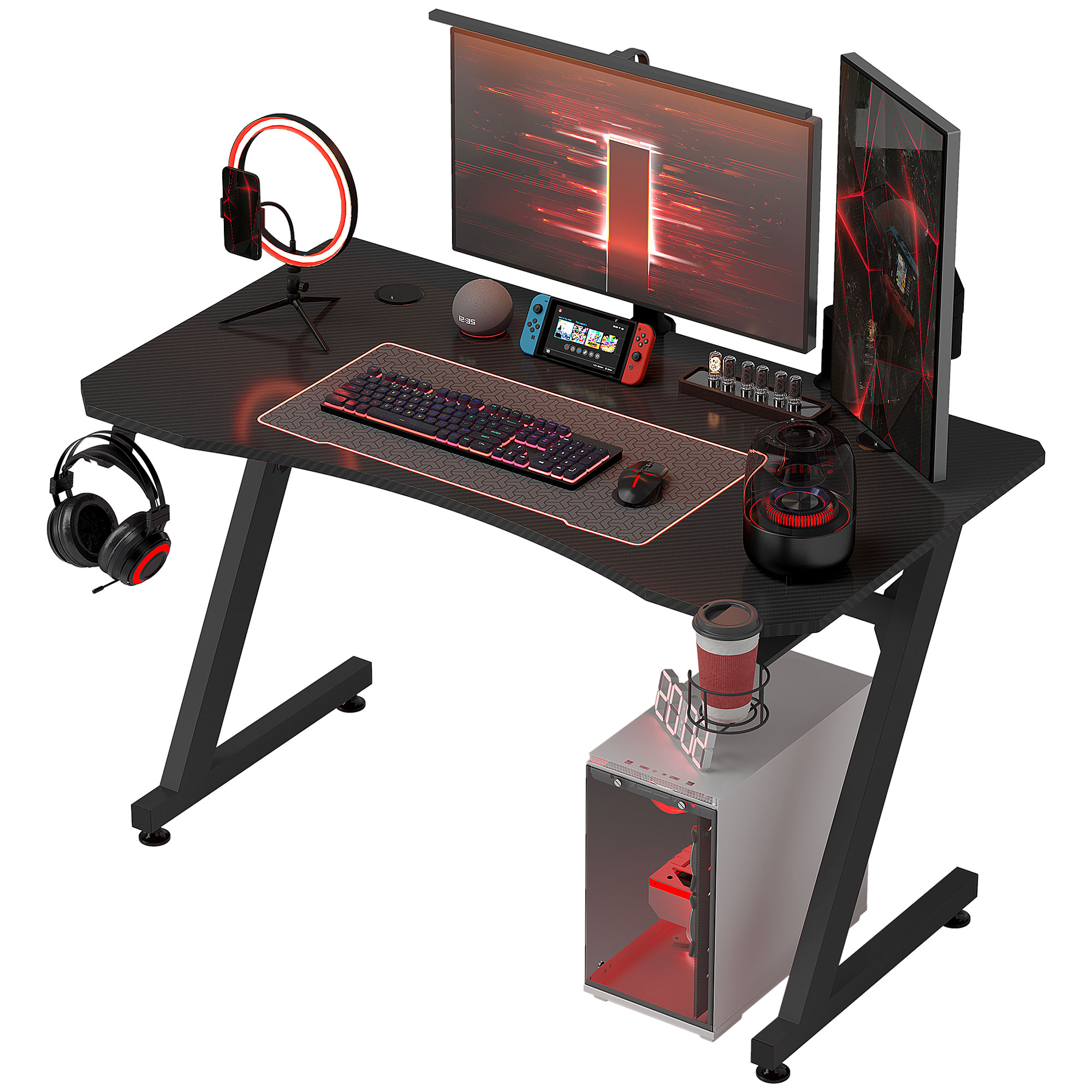 HOMCOM Gaming-Schreibtisch mit Kopfhörerhalter, Getränkehalter, Kabelmanagement inklusive, höhenverstellbare Stahl- und Holzkonstruktion, Schwarz