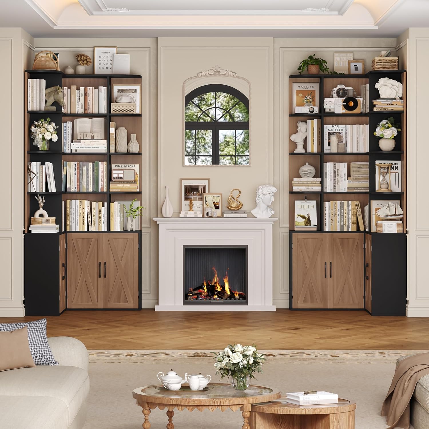 FirFurd 187.3 cm Libreria, Libreria Angolare con 12 Scomparti Aperti, Scaffale Salvaspazio con 4 Ante, Scaffale Angolare, Vetrina Espositiva, per Soggiorno, Studio, 80x80x187.3cm (Nero+Rovere)
