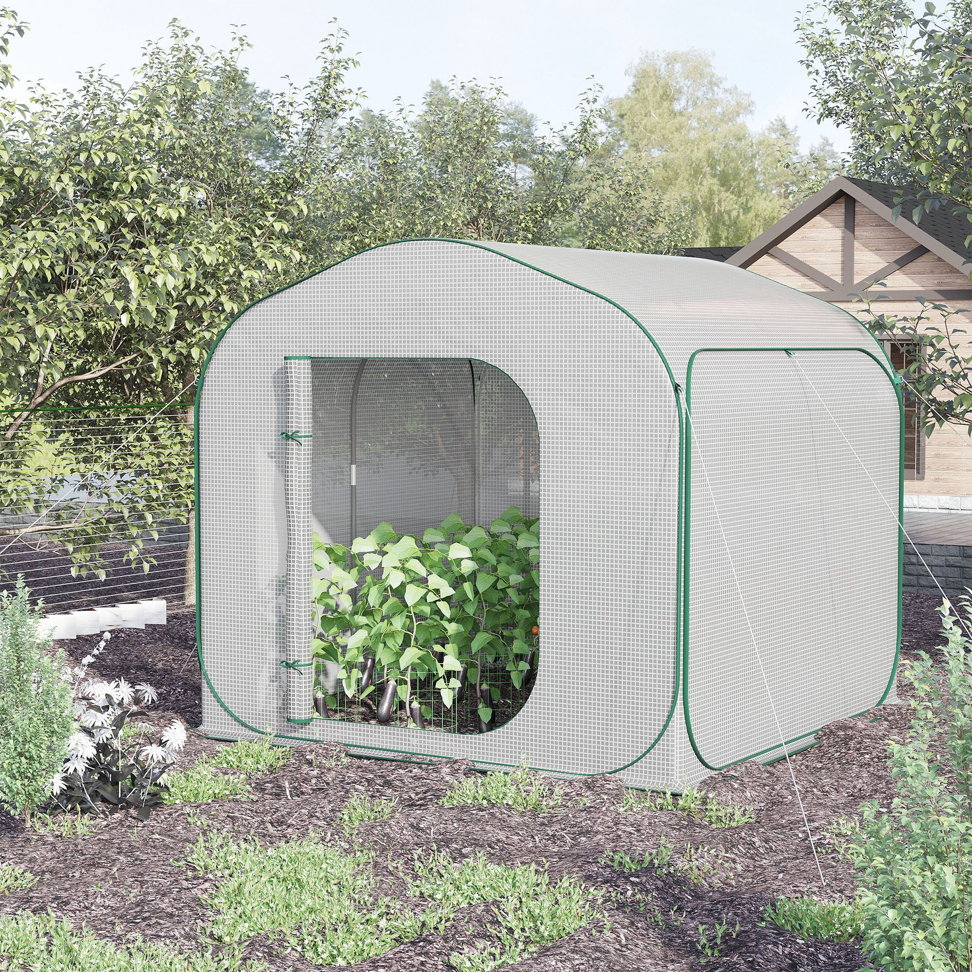 Outsunny Gewächshaus Pop-up 2 x 2 m - Garten Gewächshaus 4,33 m² Wintergewächshaus - Aufrollbare Reißverschlusstür - Inklusive Transporttasche - PE Weiß Grün