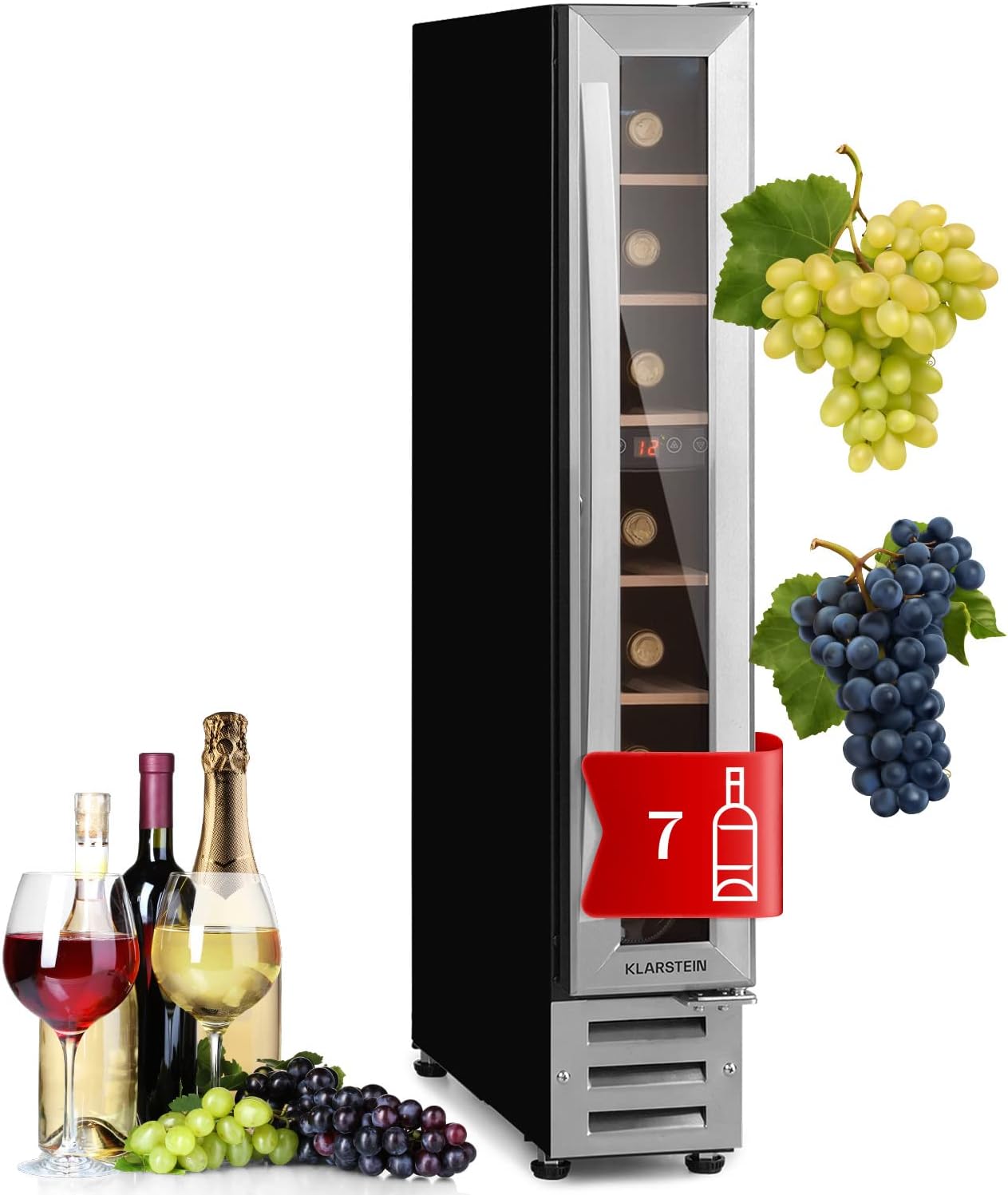Klarstein Weinkühlschrank, 1 Zonen Getränkekühlschrank, Kleiner Einbau-Weinschrank Schmal, 20L Wein-Kühlschrank mit Glastür, Indoor/Outdoor Flaschenkühlschrank, Wine Fridge 5-22°C, 7 Flaschen