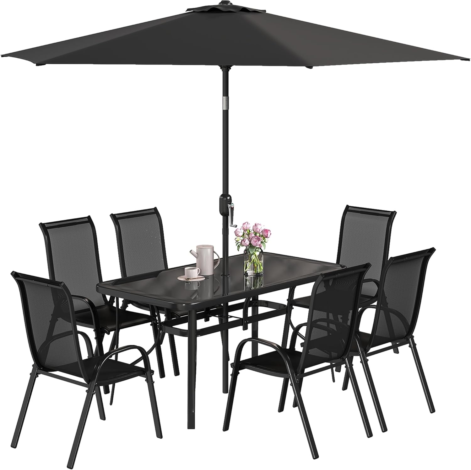Set da giardino composto da 8 pezzi con tavolo e sedie e ombrellone da 2,7 m, set da pranzo per esterni con tavolo da 1,4 m e 6 sedie, ombrellone con meccanismo di inclinazione a pulsante e manovella, piano in vetro temperato, colore nero.