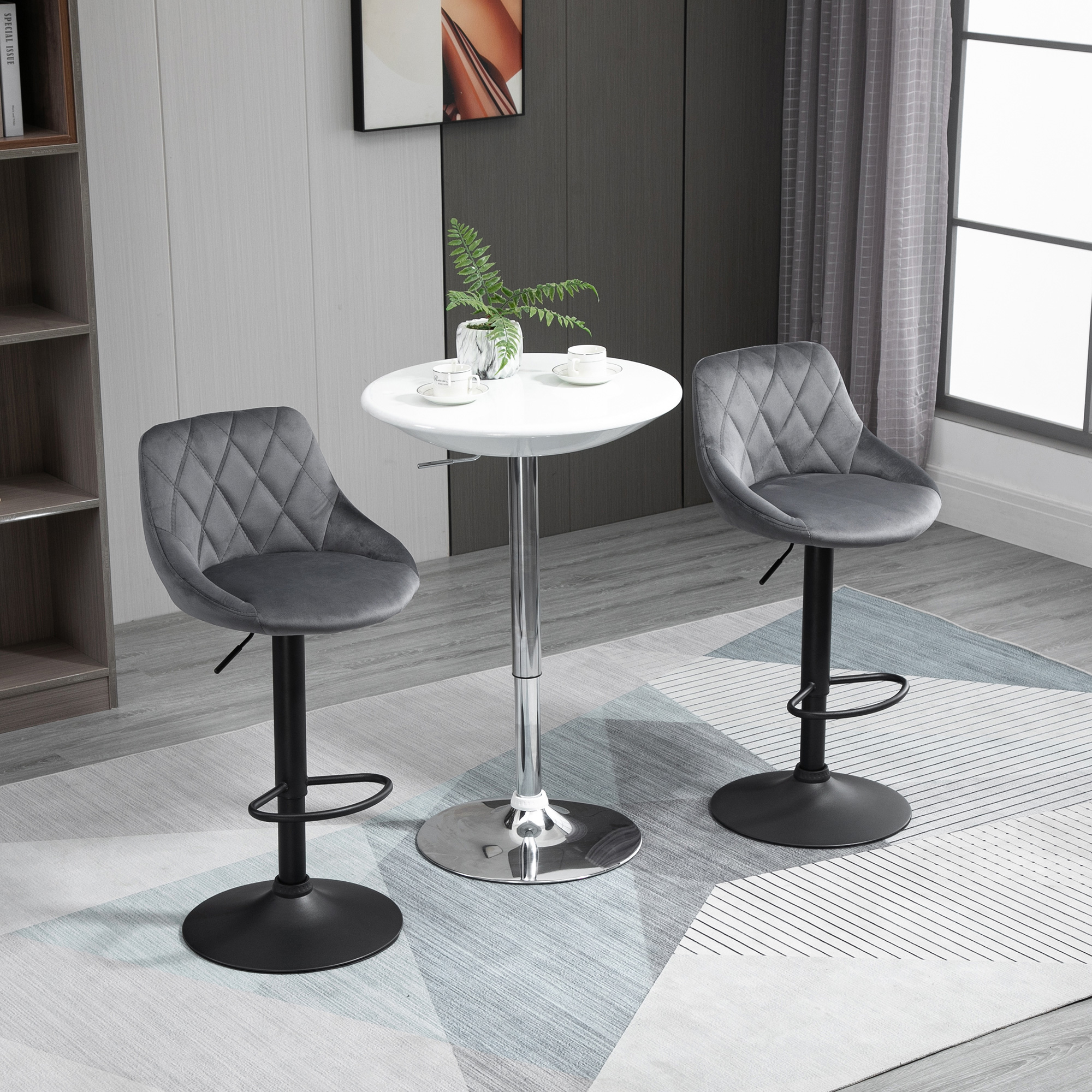 HOMCOM Set 2 Barhocker, Höhenverstellbar mit Metallbasis und Samtsitz, Moderne Hocker mit Rückenlehne und Fußstütze, 46x48x83-104cm, Dunkelgrau und Schwarz