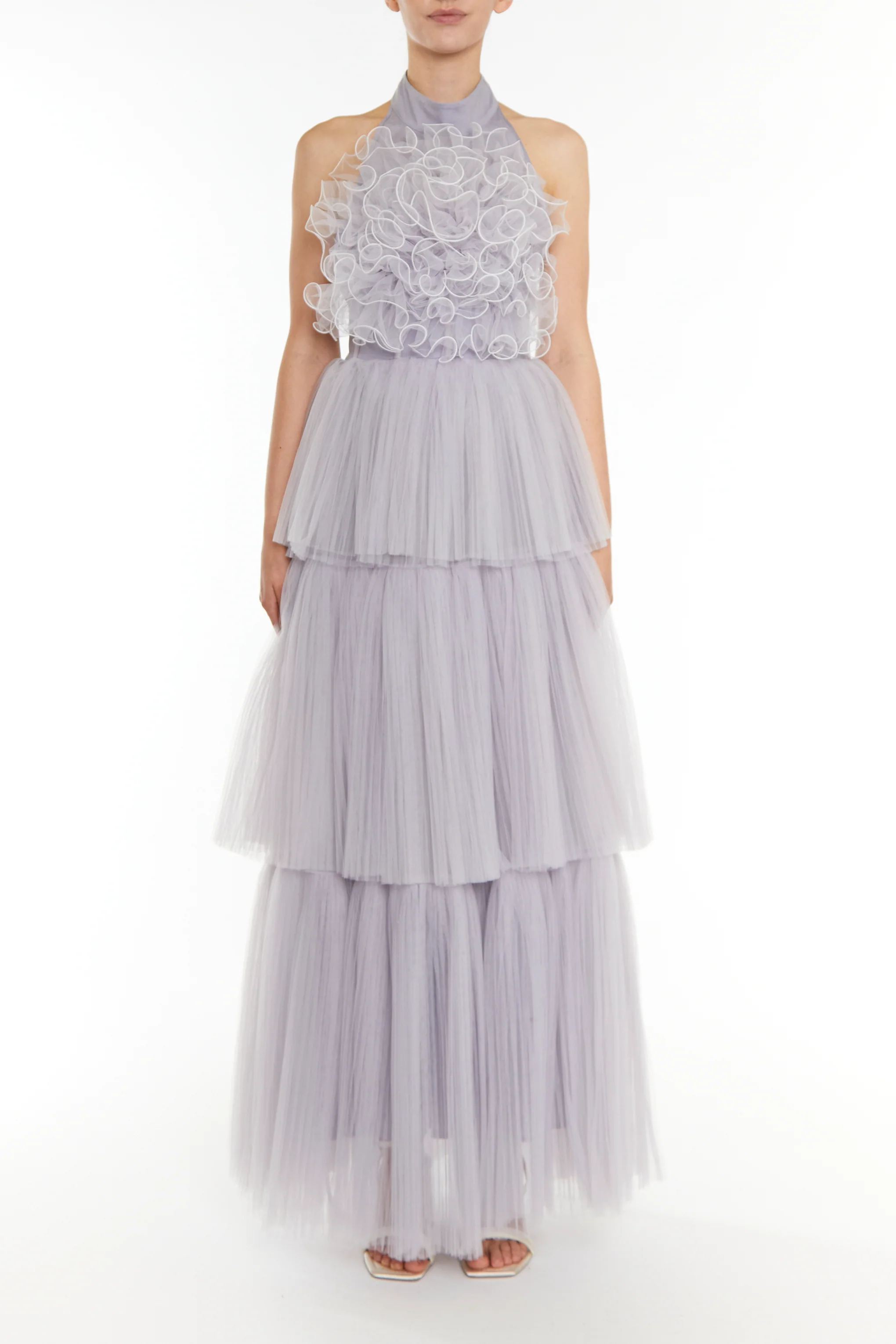 Tiffany Icy Lilac Grey Tiered Ruffle Corsage Maxi Dress