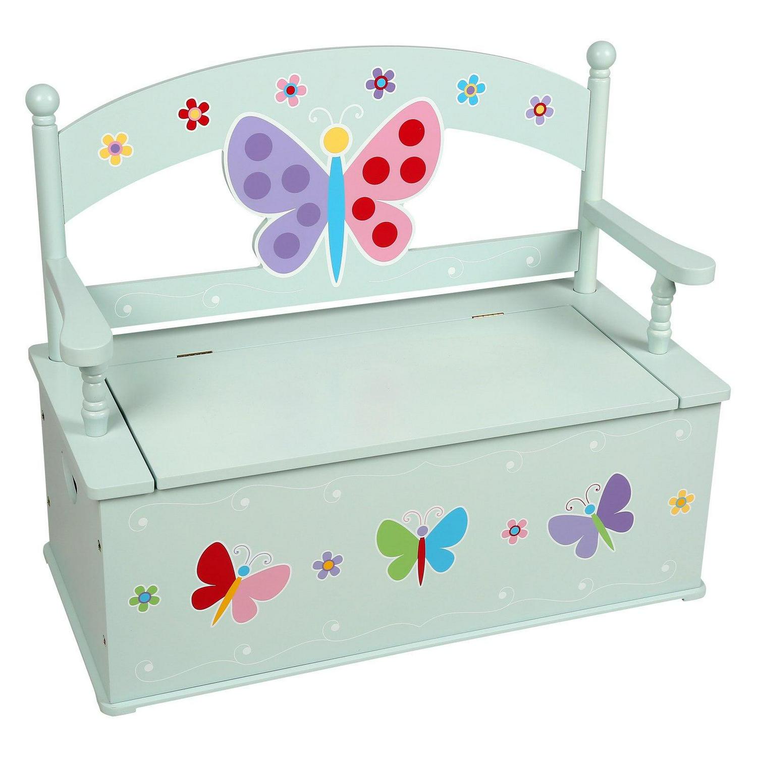 Wildkin Butterfly Garden Bench with Storage, Blue &ndash; Whimsical Design, Safety Hinge, Indoor Use