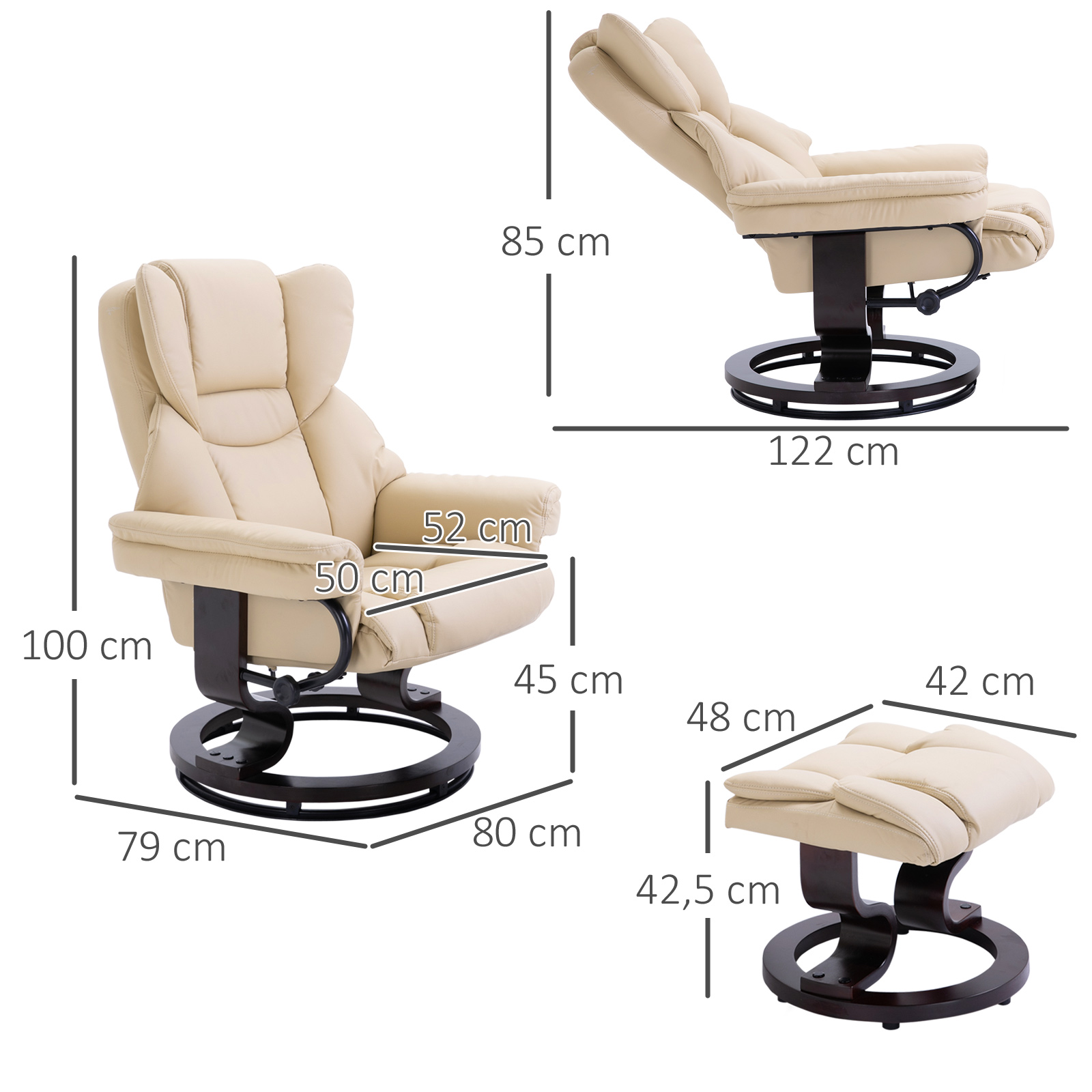 Fauteuil met kruk, ligfunctie, draaibaar, tot 160 kg, kunstleer, metalen frame, cr��me, 80 x 79 x 100 cm