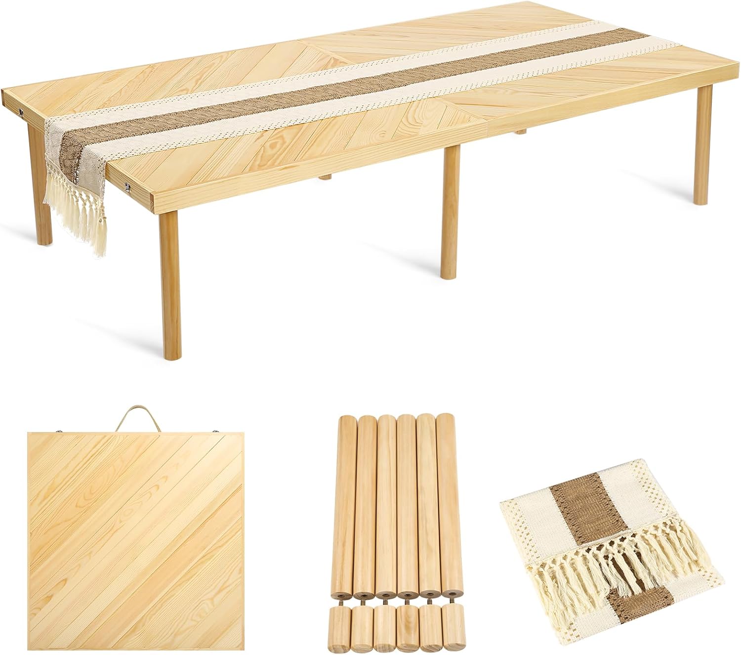 Folding Picnic Table with Table Runner  Portable Boho Low Picnic Table for Indoor Outdoor  60