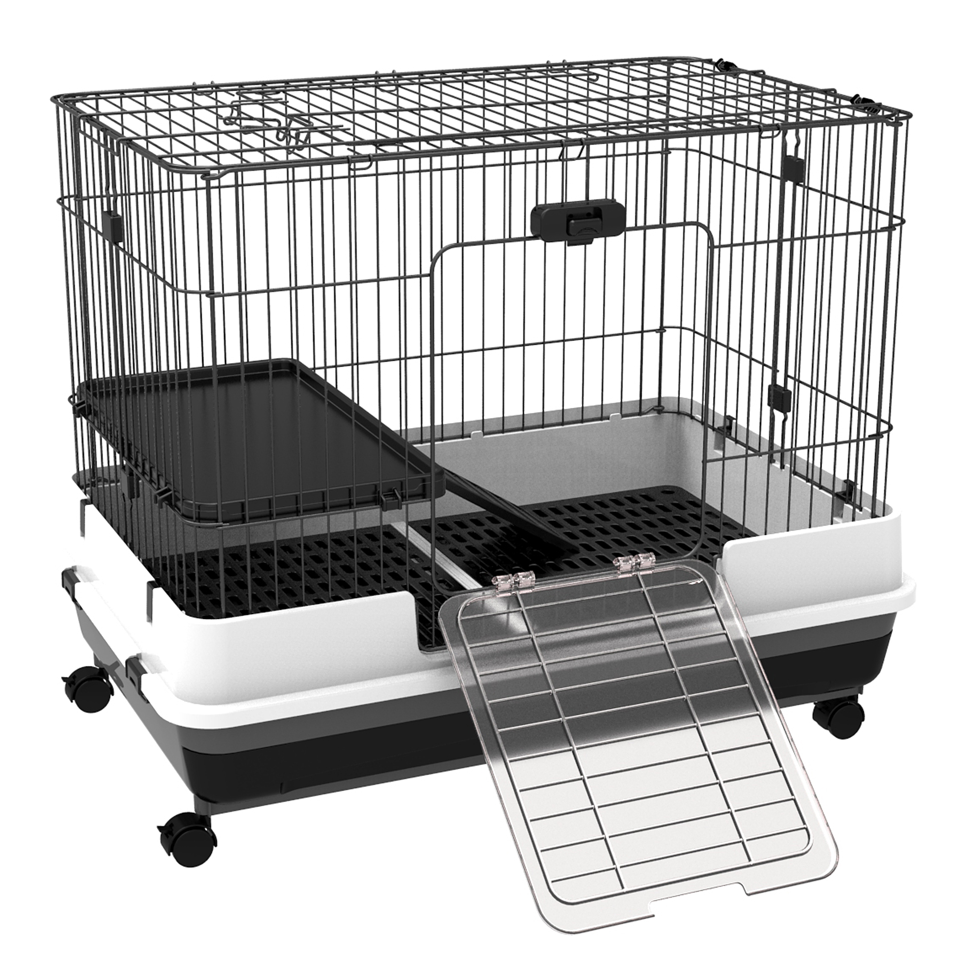 PawHut Kleintierkäfig mit Räder, 2 Türen, Plattform, Bodenfach, Metall, Schwarz, 81,2 x 52,7 x 66 cm