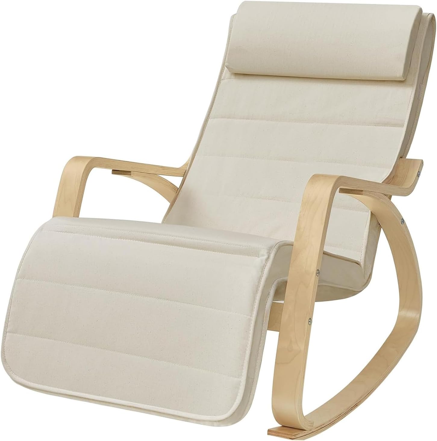Poltrona A Dondolo Reclinabile In Legno E Metallo Con Poggiapiedi Regolabile 5 Posizioni Seduta Imbottita Sfoderabile Per Balcone Giardino Interno Esterno 121.5 x 55 x 84 Cm Beige