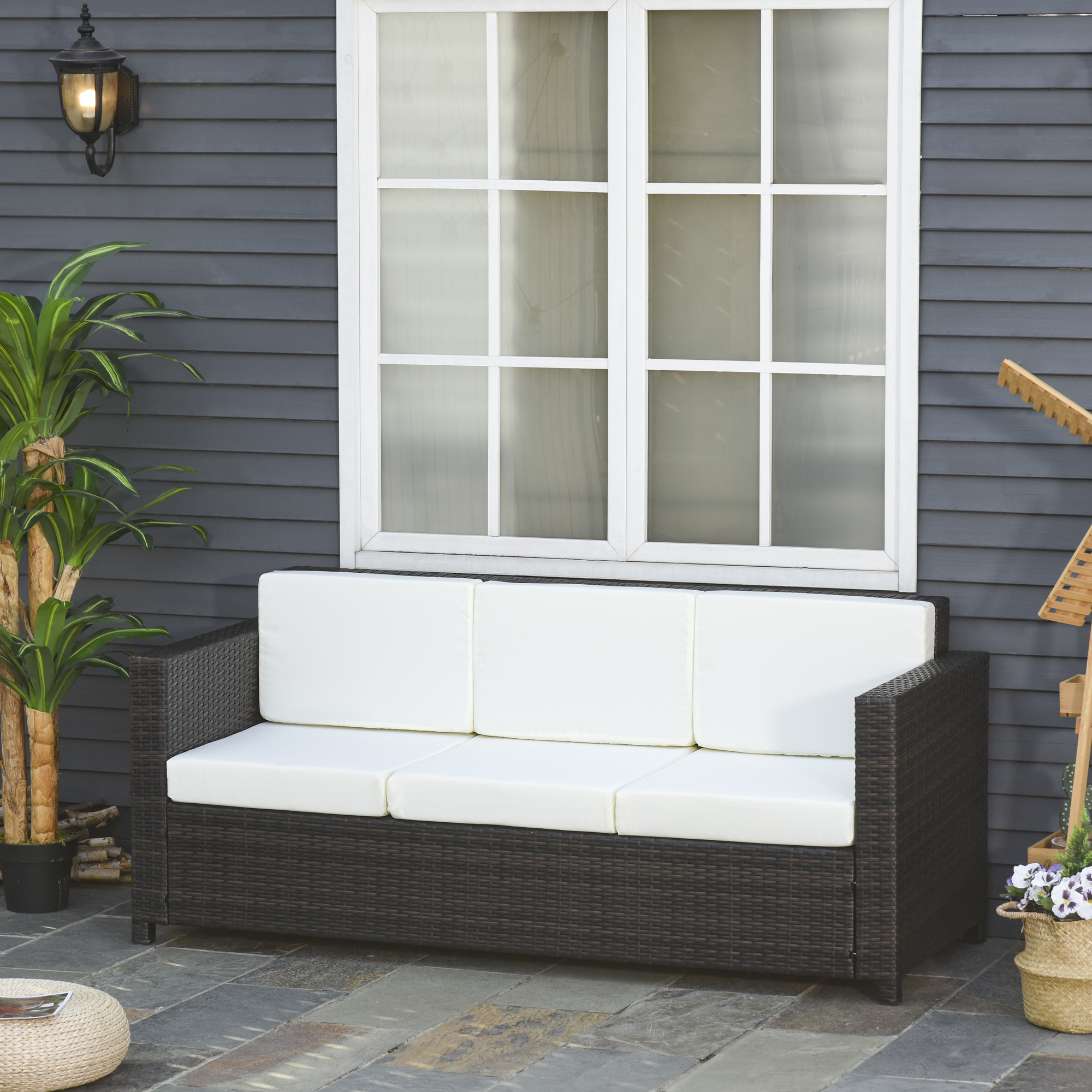 Outsunny Poly-Rattan Sofa mit Kissen 3-Sitzer Garten Loungesofa Metall Polyester Braun+Weiß 185 x 70 x 80 cm