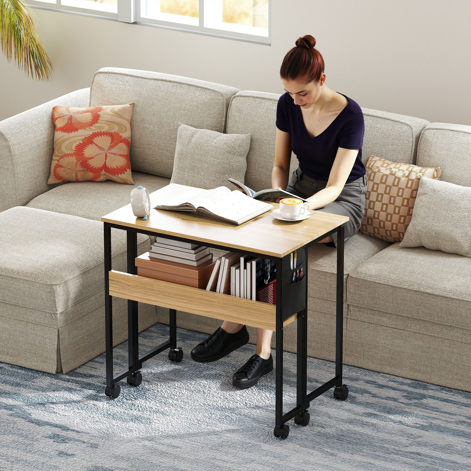HOMCOM Klappbarer Schreibtisch auf Rollen 80 x 50 cm mit Regal und Aufbewahrungstasche, Eiche