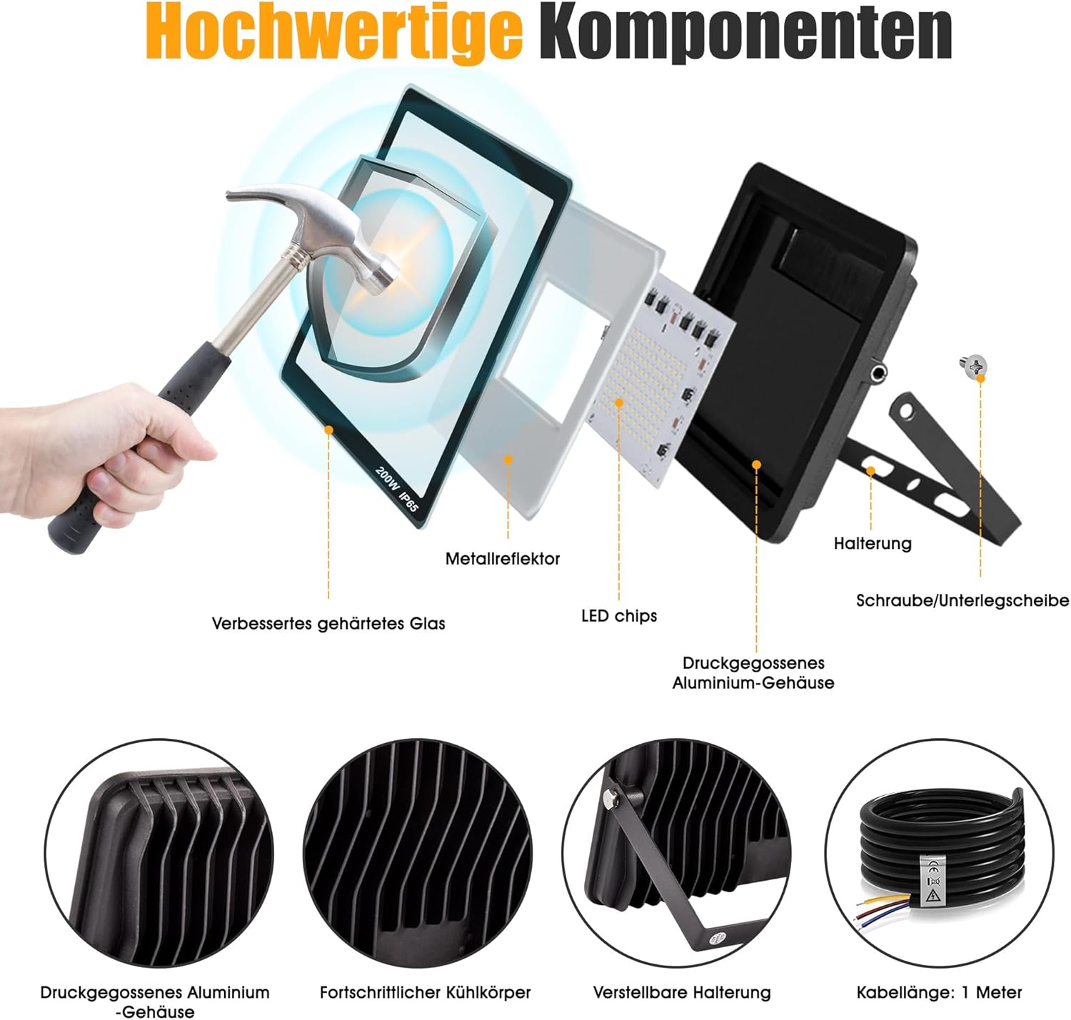 Zelvia 4 Stück 500W LED Strahler Außen 50000LM Superhell LED Strahler 6500K Kaltweiß Scheinwerfer Außen IP65 Wasserfest Fluter Außenstrahler für Sportplatz Garage Garten Hotel