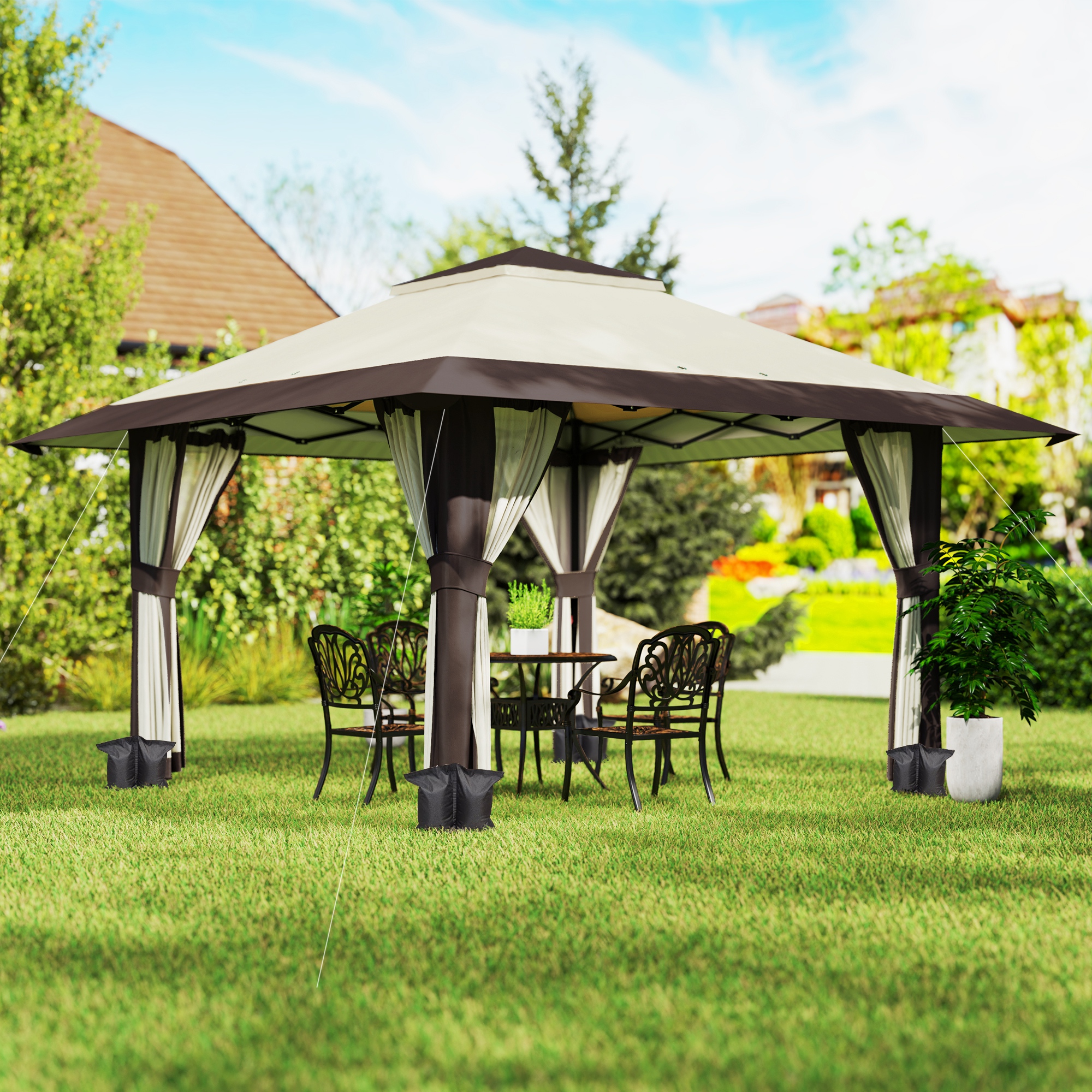 Outsunny 4 x 4 m Tuin Paviljoen, Tuinent met Netwanden, UPF50+ Bescherming, Hoogteverstelbare Partytent, Beige