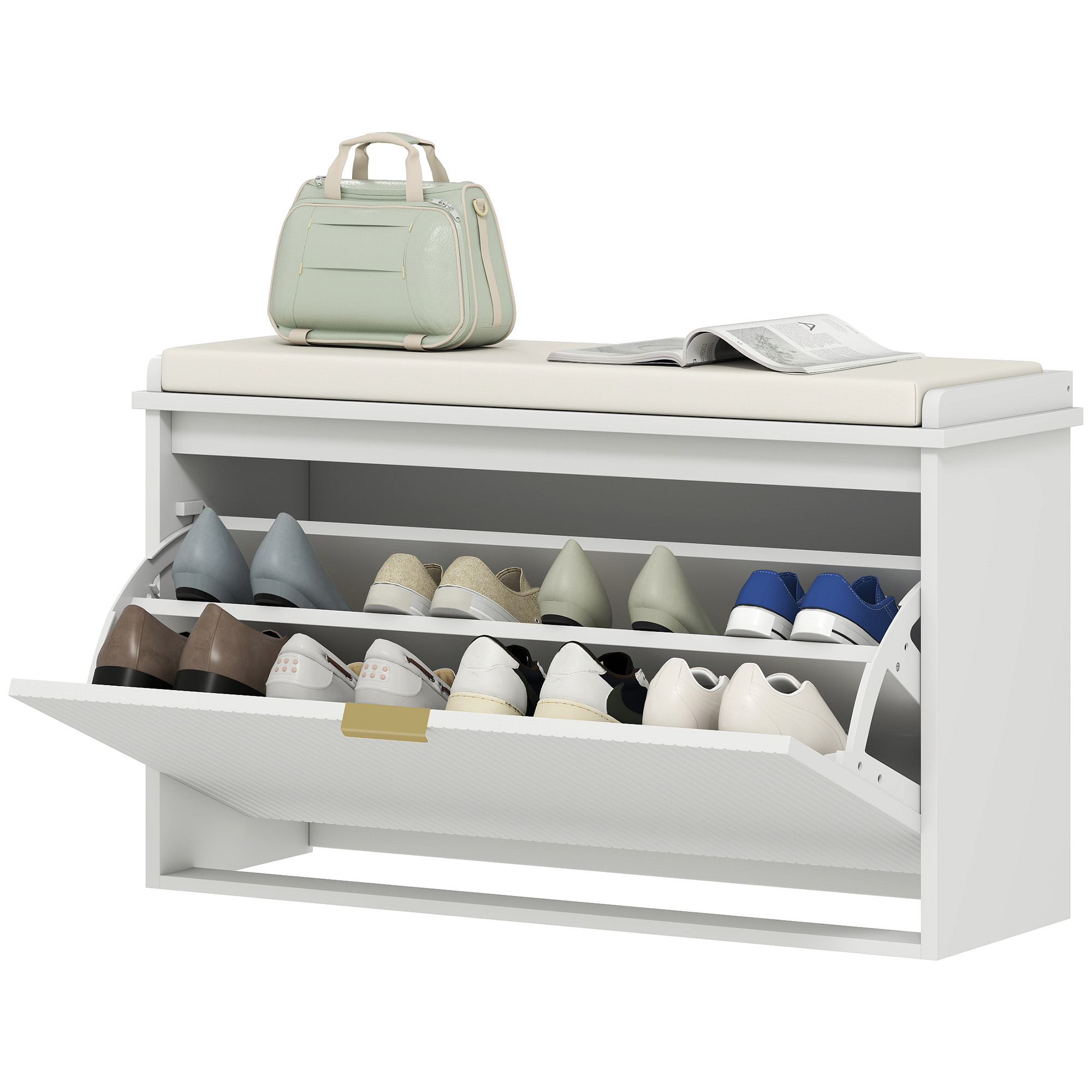 HOMCOM Schuhbank mit Verstellbarem Innenregal, aus Holz und Leinenstoff, 80x26x47,5 cm, Weiß und Beige