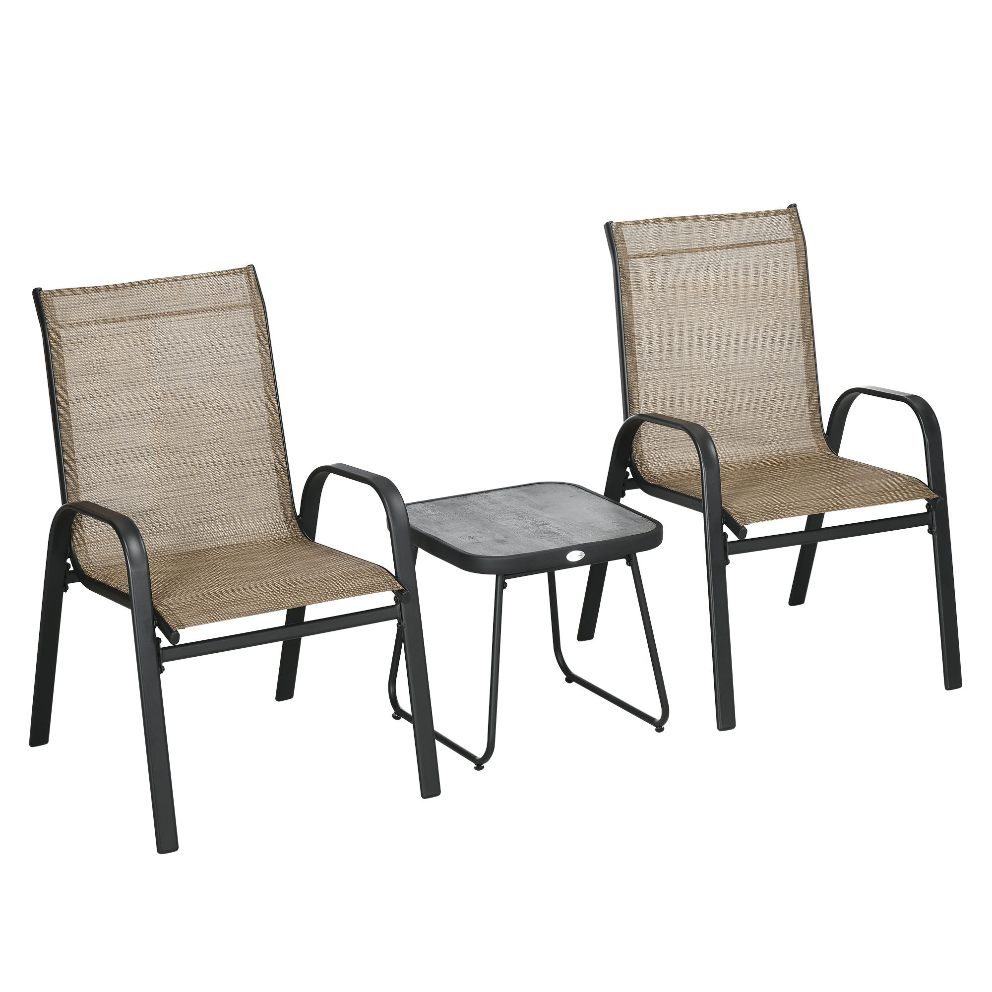 Outsunny Gartenmöbelset 3-teilig 2 stapelbare Stühle und eckiger Tisch mit hoher Rückenlehne aus braunem Textilgewebe