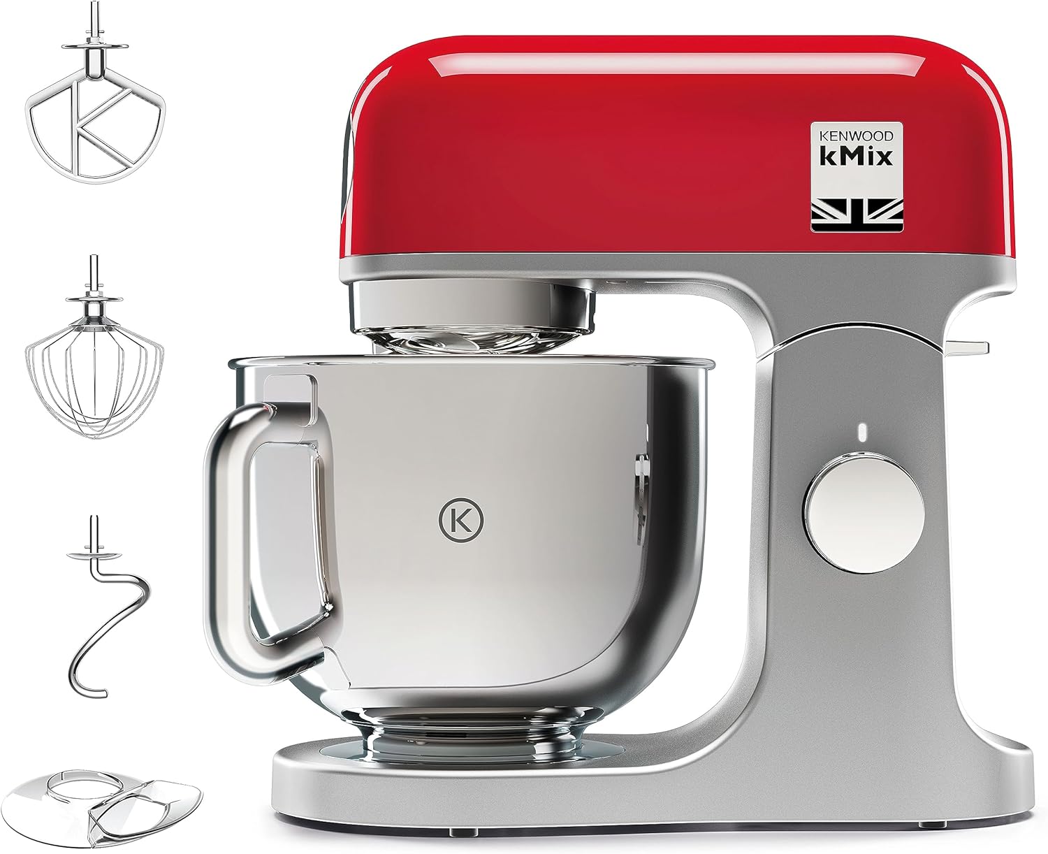 Kenwood kMix KMX750RD Küchenmaschine, 5 l Edelstahl Schüssel, Safe-Use-Sicherheitssystem, Metallgehuse, 1000 Watt, inkl. 3-Teiligem Patisserie-Set und Spritzschutz, Rot