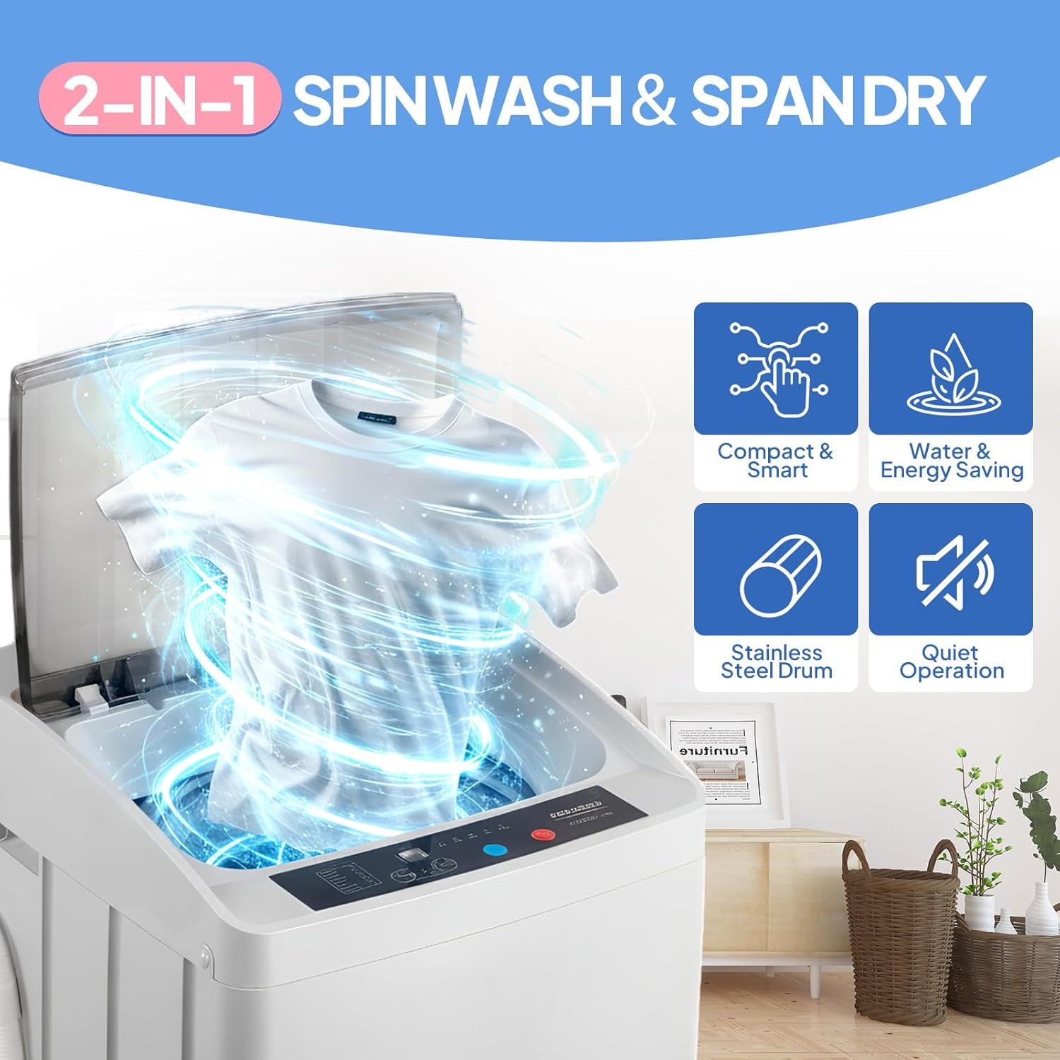 ROVSUN Lavatrice con caricamento dall'alto, 5 kg, con 8 programmi di lavaggio e 5 livelli d'acqua, piccola lavatrice silenziosa, 60-70 dB, timer 24H, 51 × 47 × 87 cm, bianco