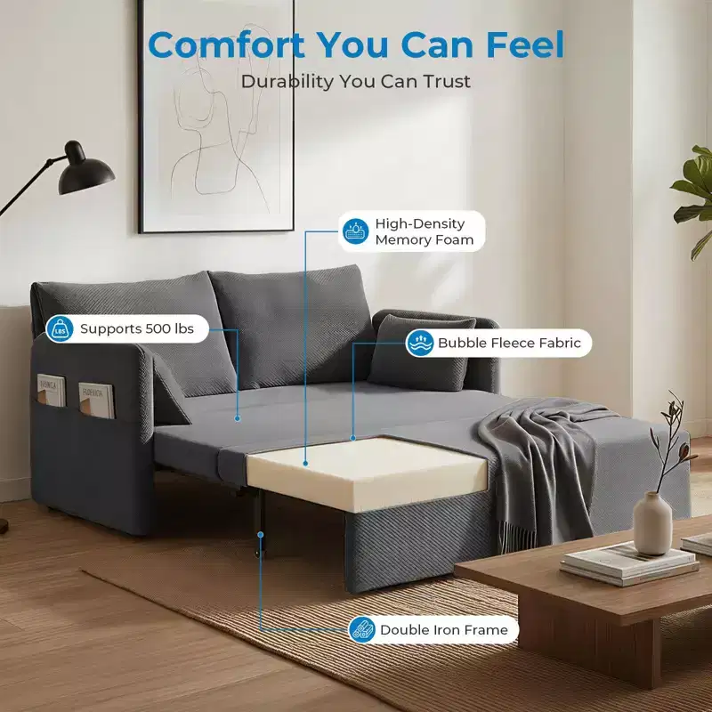 Convertible Sofa Bed with Adjustable Backrest, Bubble Fleece