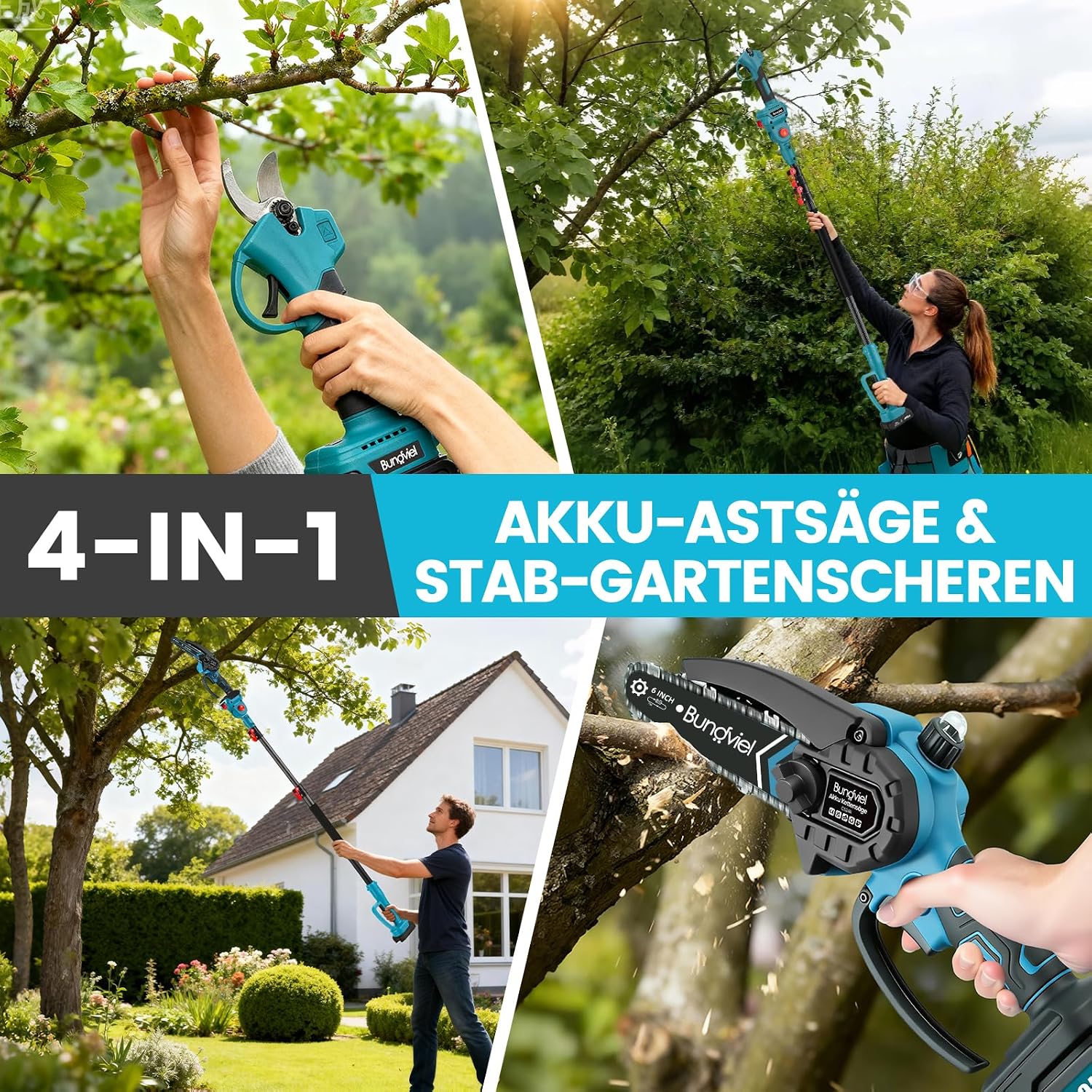 Potatore a batteria 4 in 1, compatibile con batteria Makita, mini motosega senza spazzole da 6 pollici e cesoie elettriche da 25 mm, 2 batterie da 4,0 Ah, asta telescopica fino a 235,5 cm
