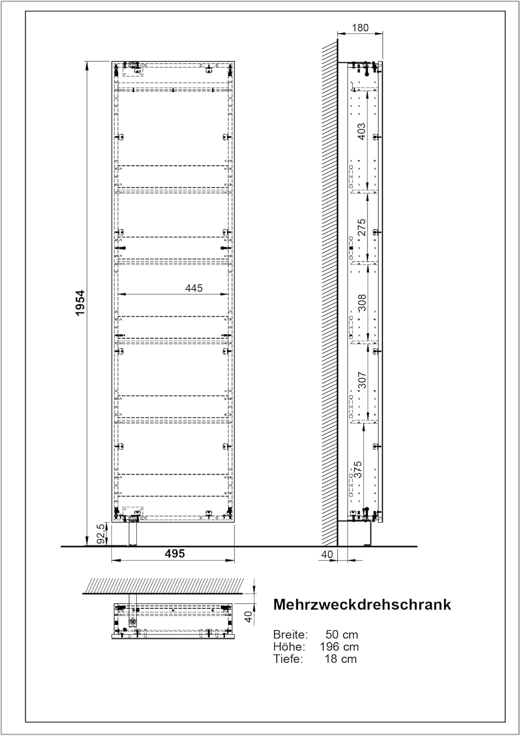 Germania Drehschrank 1189-84, in Weiß, mit verspiegelter Front, 50 x 195 x 18 cm (BxHxT)