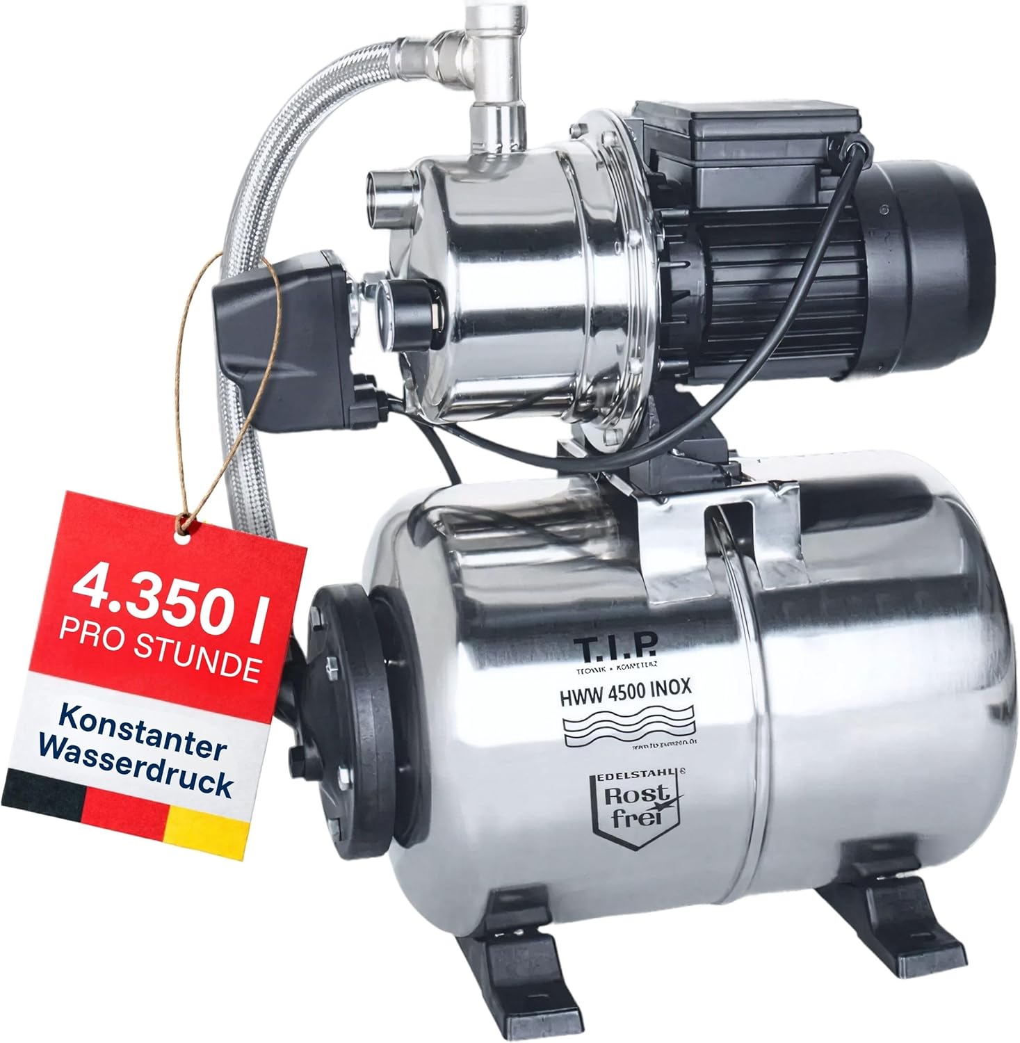 T.I.P. Hauswasserwerk HWW 4500 INOX aus Edelstahl mit 1200 W Leistung I 4350 l/h Fördermenge bis 50 m Höhe I 5 bar Druck mit Manometer I 22 L Kessel I robust, korrosionsfrei, sicher mit Überlastschutz