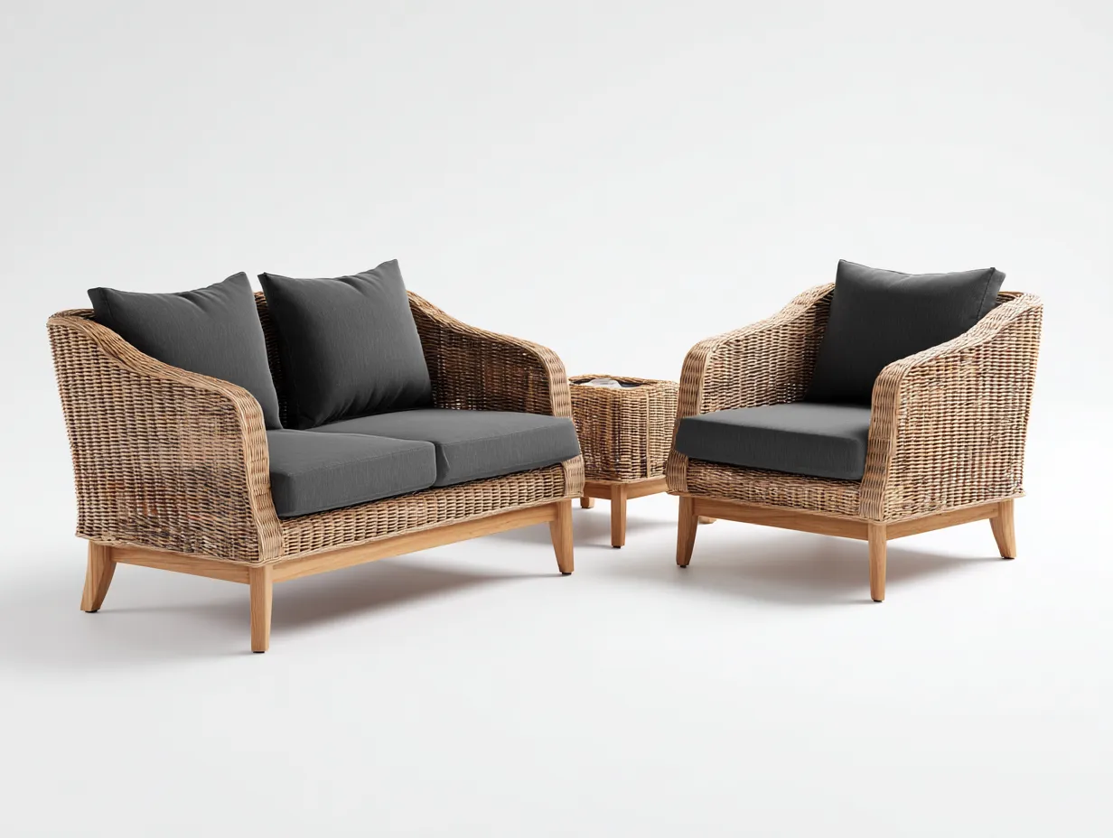 Garten Lounge Set-Rattan-Holz-142 x 78 x 84 cm-Natur-Anthrazit-Moderner Gartenstil