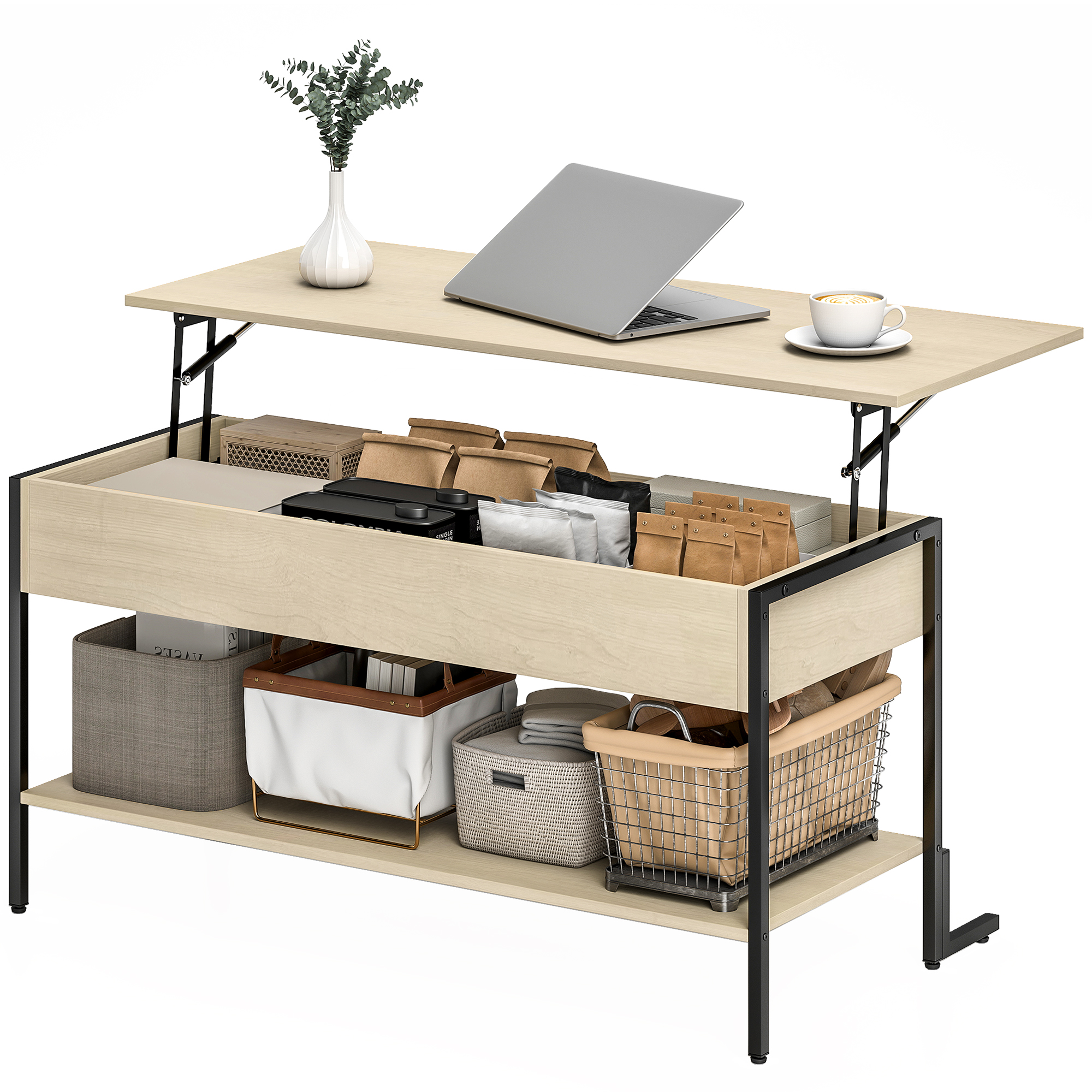 HOMCOM Couchtisch mit höhenverstellbarer Platte, Wohnzimmertisch mit verstecktem Fach und offenem Regal, 95x40x59cm, Naturholz