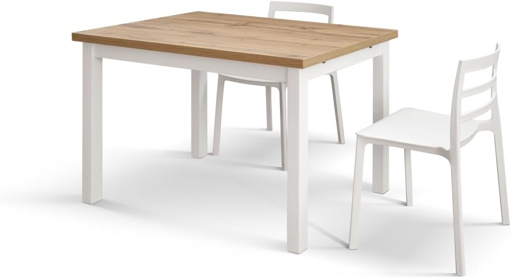 PAZZO DESIGN Tavolo Allungabile Tommaso, Rovere Rustico, Gambe Bianche, Tavolo Cucina, Tavolo Soggiorno, Made in Italy, 110x70x76,5 cm - id_1957