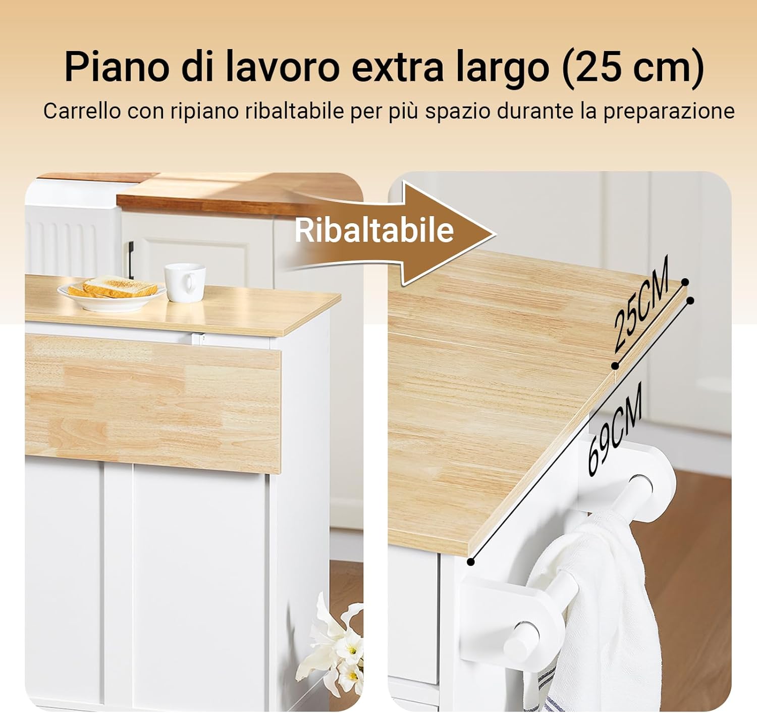 SoBuy Carrello Cucina con Ruote, Isola Cucina con Piano di Lavoro Estensibile in Legno, 2 Cassetti e Ripiani Regolabili Credenza Cucina Salvaspazio Penisola Cucina Bianco 113x(44-69) x91 FKW129-WN