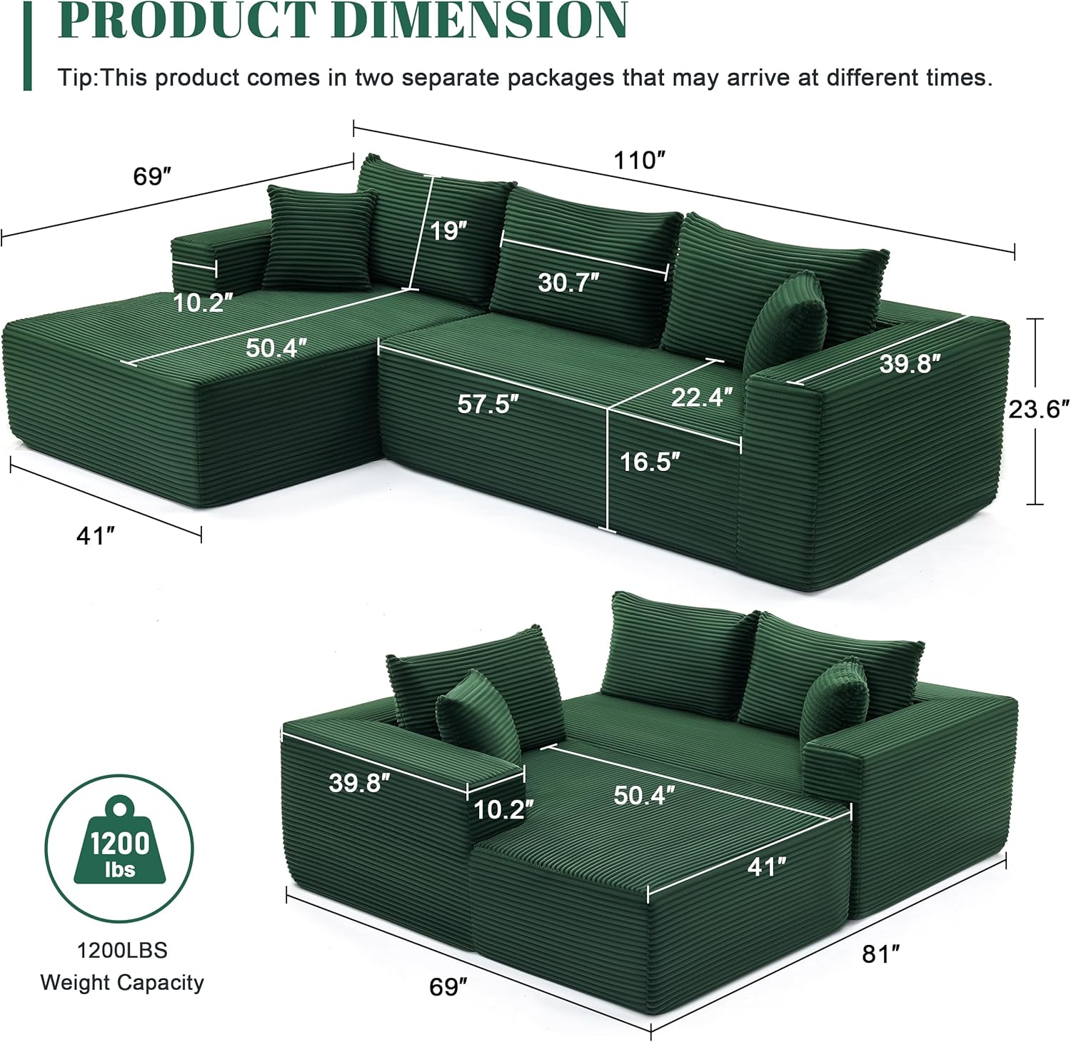 110” Cloud Sectional Couch, Modular Sectional Sofa for Living Room, Boneless Sofa with Deep Seat, Comfy Fluffy Couch with L-Shaped Chaise, No Assembly Required (Left-Facing Chaise, Green)