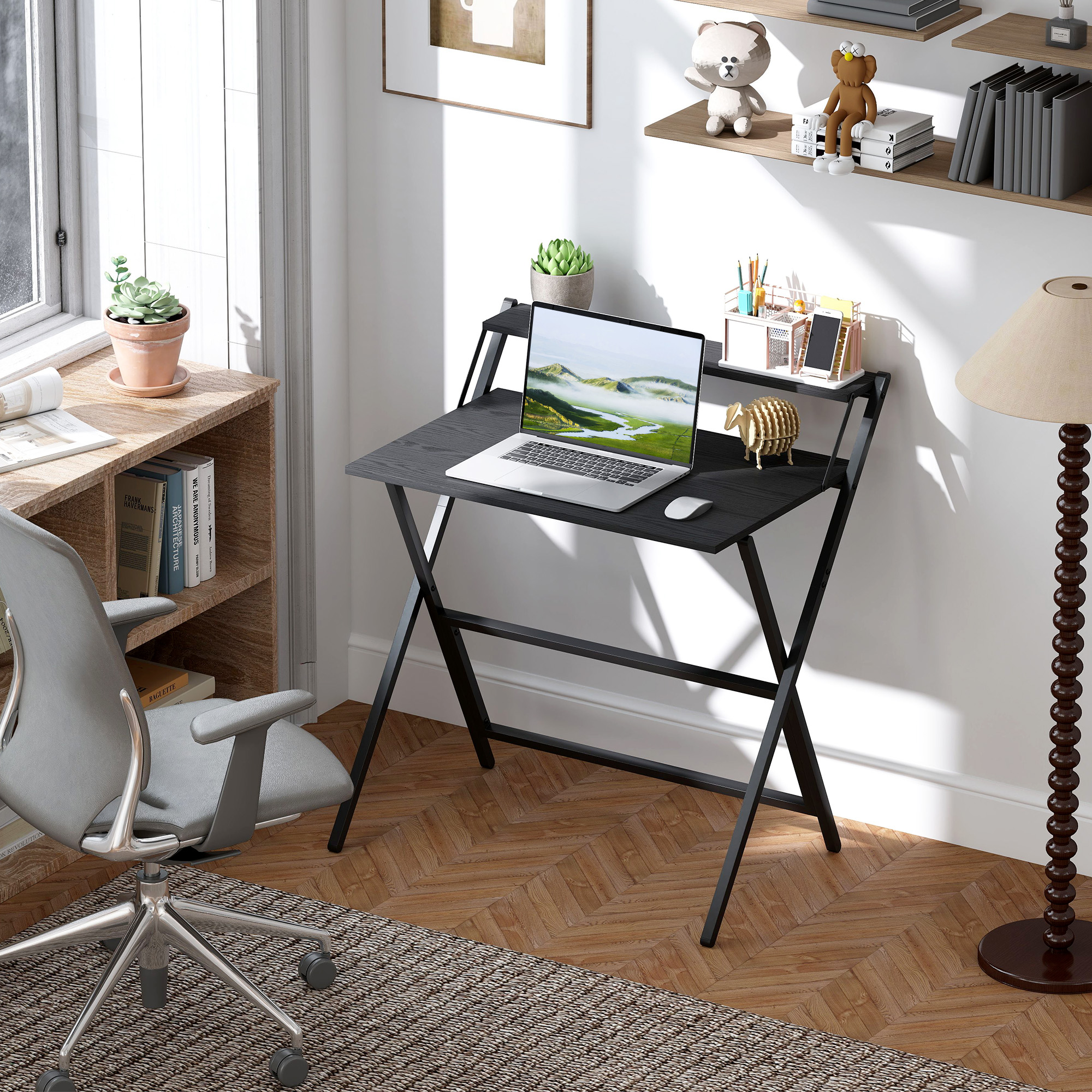 HOMCOM Schreibtisch Klappbar mit Monitorregal, 81,5x62x86,5 cm, Schwarz