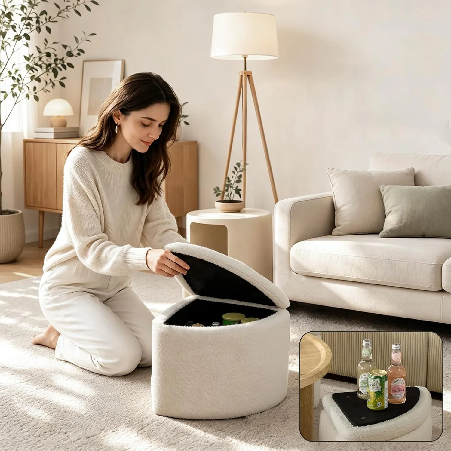 Runder Couchtisch mit 4 Hockern & Stauraum, 80 cm, platzsparend