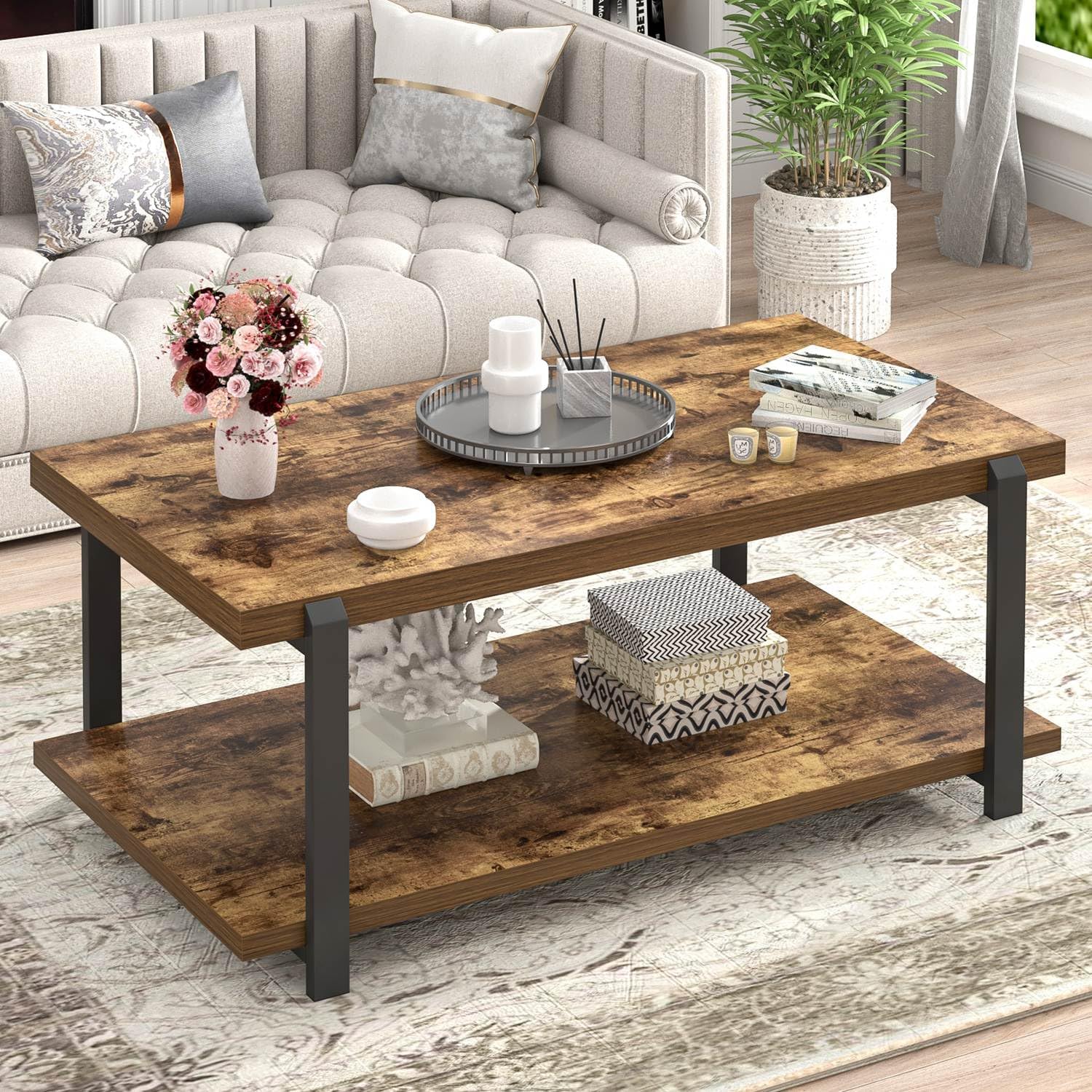 FOLUBAN Industrial Coffee Table Wood and Metal Oak Cocktail Table