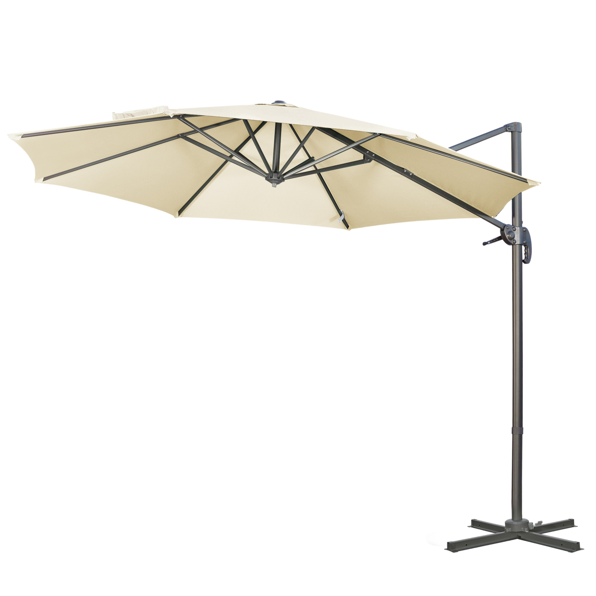 Outsunny Sonnenschirm Ø 3 m oktogonal neigbar mit Kurbel und Ständer aus Stahl creme
