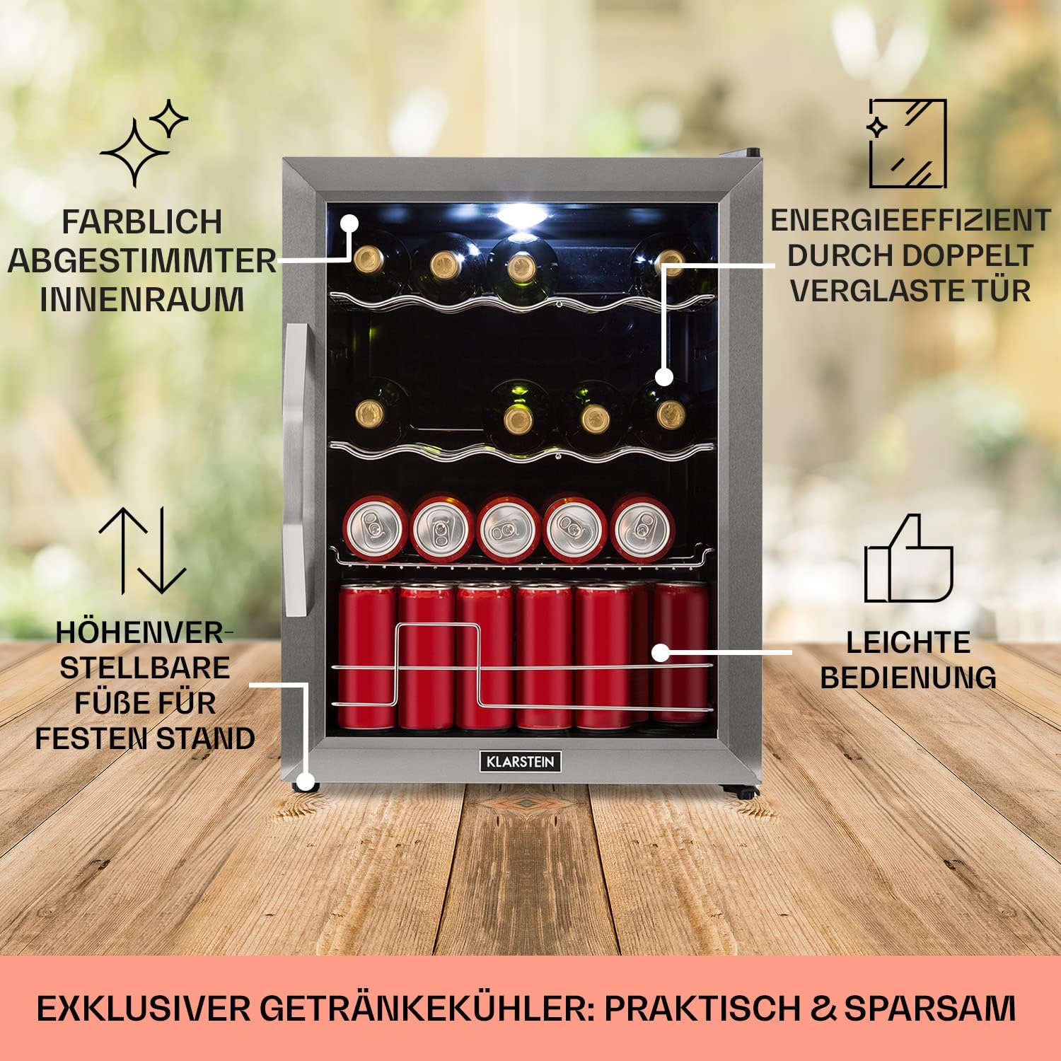 Klarstein Mini Koelkast met Glazen Deur voor Kamer, Drankenkoelkast met Verstelbare Planken, Klein 80 Liter, Indoor/Outdoor Koelkast Stil