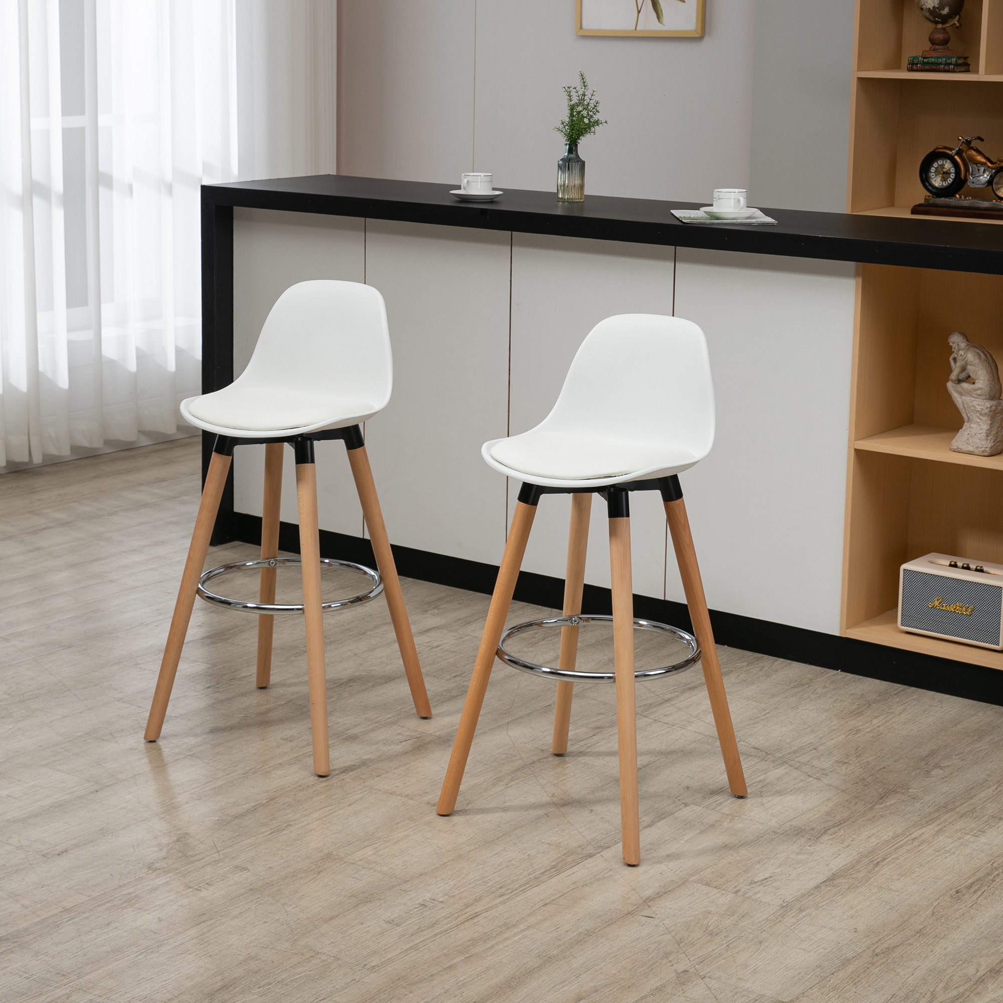 HOMCOM 2er-Set Barhocker Barstühle Skandi-Design, Fußtstütze, 38,5 cm x 42,5 cm x 91 cm, Natur + Weiß