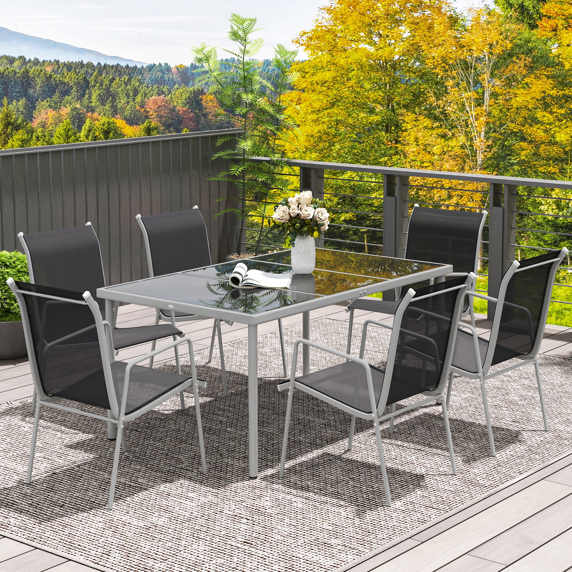 7-delige tuinmeubelset met eettafel en 6 stapelbare stoelen, Glastafel, Zwart