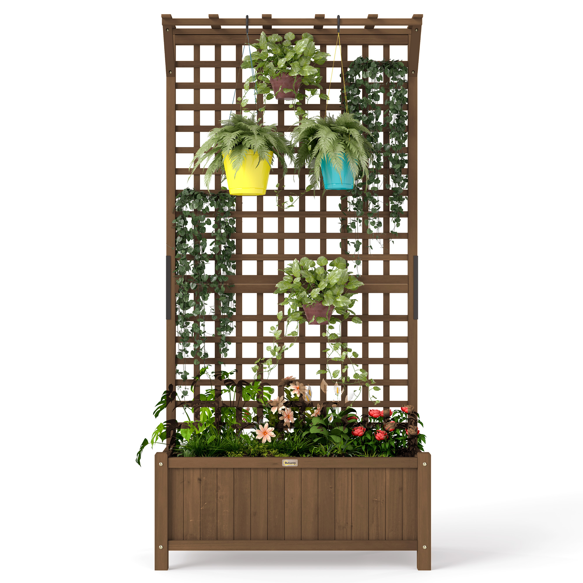 Outsunny Hochbeet mit Spalier und Dach, Pflanzkasten, Blumenbeet, wetterfest, Holz, 90 x 45 x 183 cm, Braun