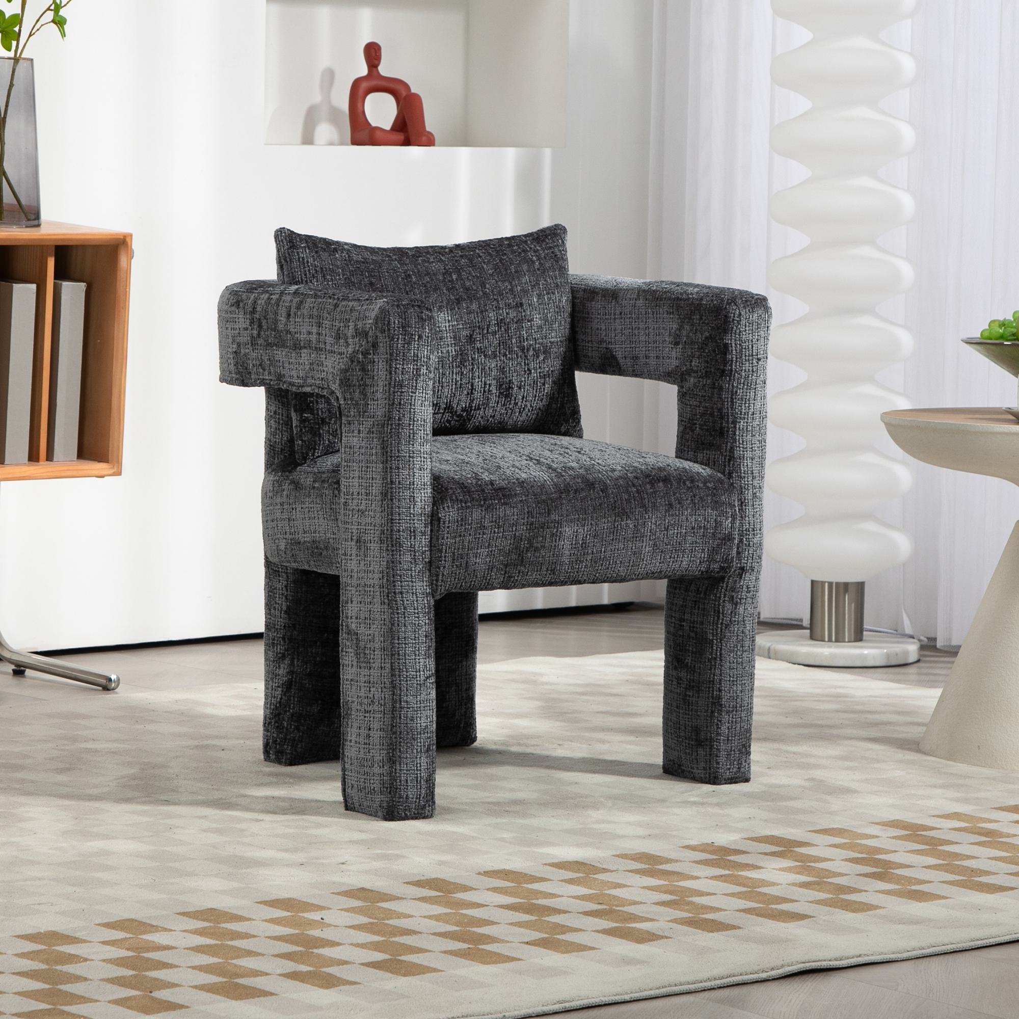 Moderner Chenille-Loungesessel, Esszimmerstuhl, einzigartiges Design mit durchbrochenen Armlehnen, bequemes Kissen, geeignet für Wohnzimmer, Esszimmer, Dunkelgrau