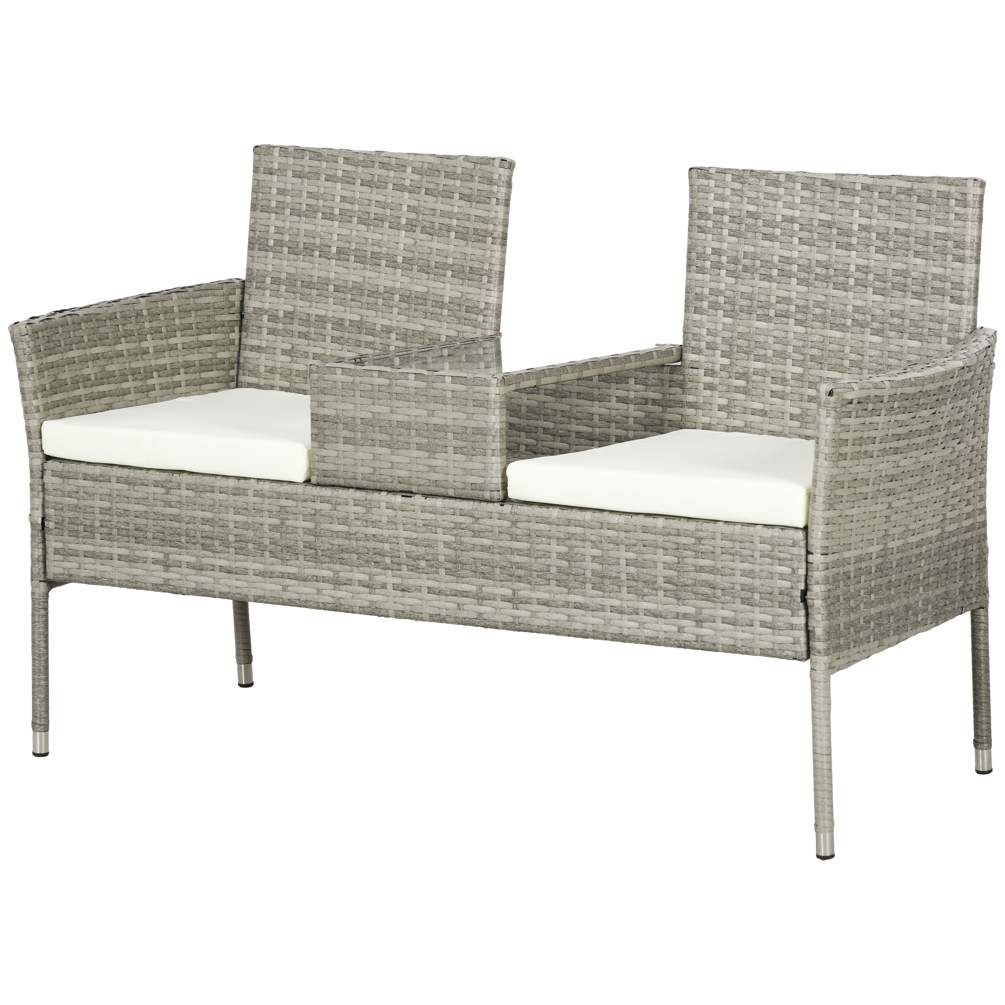 Outsunny Gartensofa für 2 Personen mit Kaffeetisch, aus Stahl und PE-Rattan, 137x59x82 cm, Grau und Creme