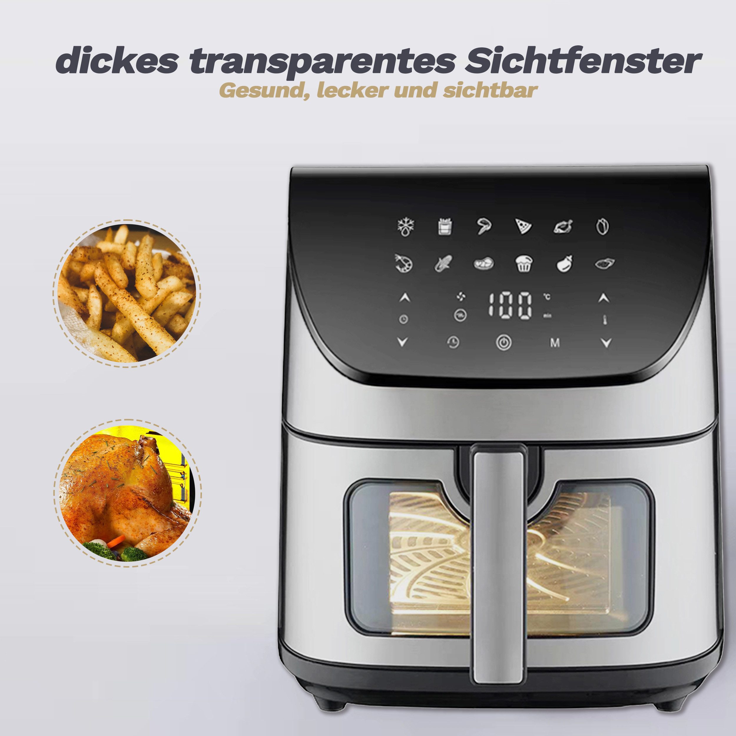 Heißluftfritteuse 8.5 L Airfryer – 1800 W, Sichtfenster & LED-Display für fettarmes Kochen
