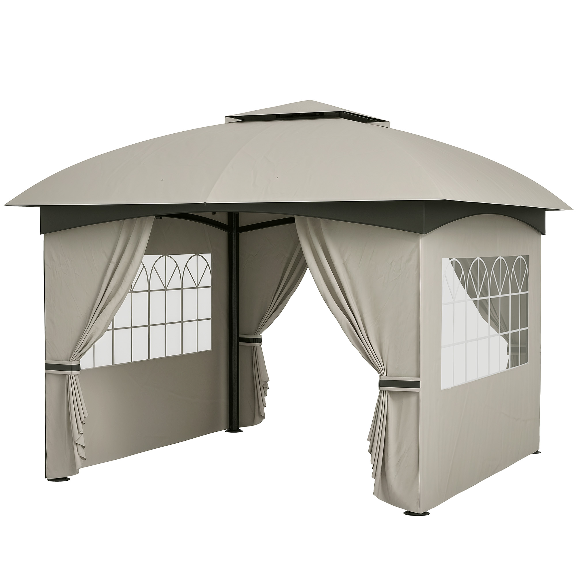 Outsunny 3,4 x 3,4 m Gartenpavillon, Bierzelt mit Lüftungsdach, Bogenfenstern, Stahlgestell, Hellgrau