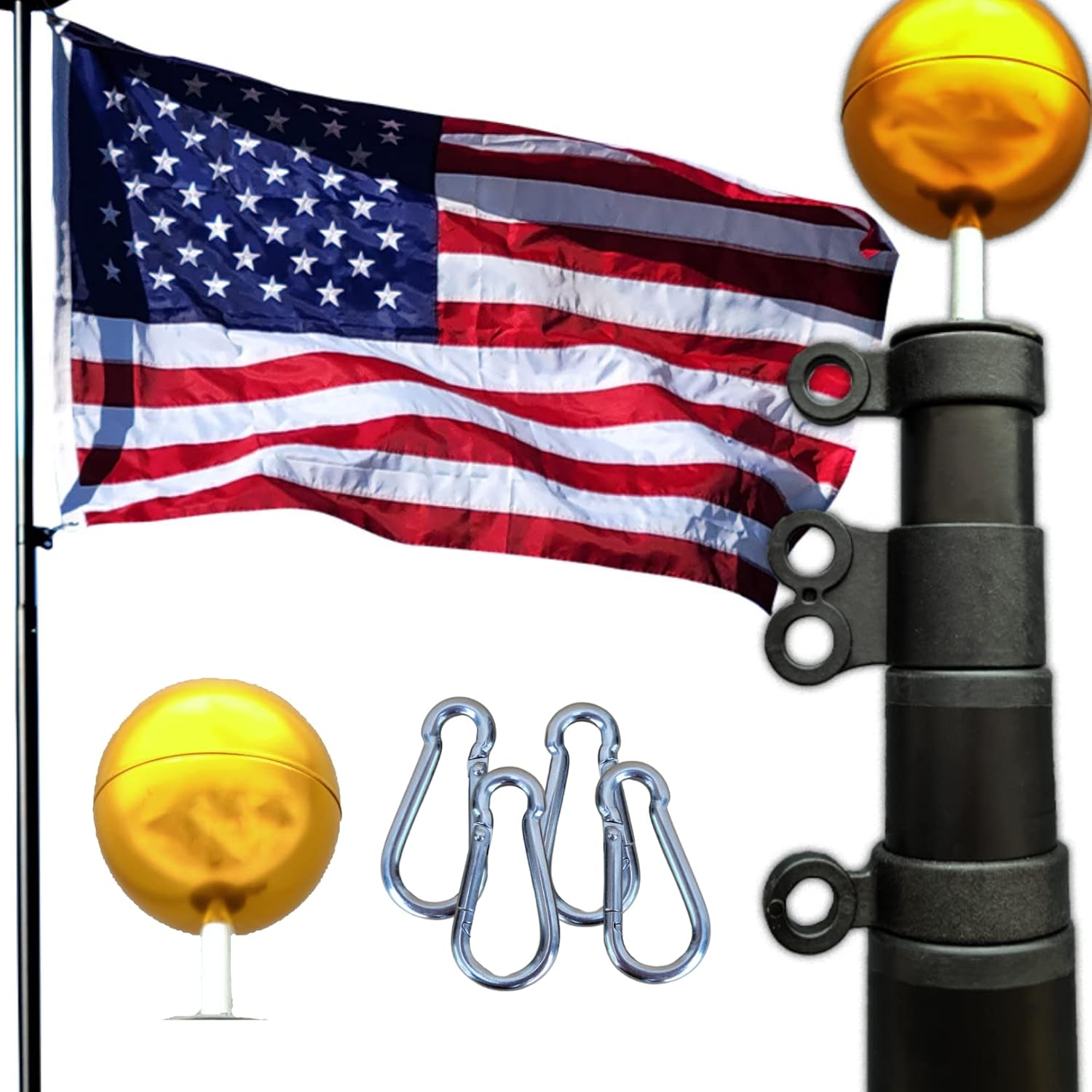Service First 25FT Flagpole Kit Freedom Edition Black Telescoping For Outside House In Ground - Anti Tangle Swivel Ring Design - 100MPH Wind Tested with single flag