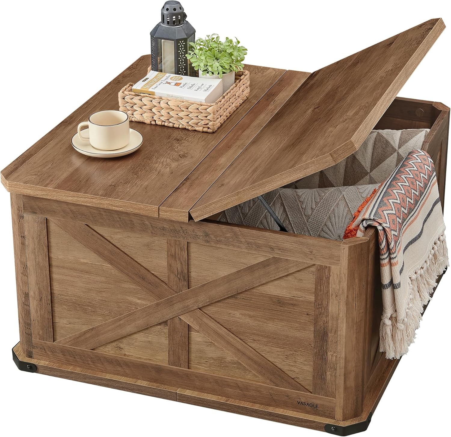 VASAGLE Farmhouse Coffee Table Square Coffee Table, Honey Brown