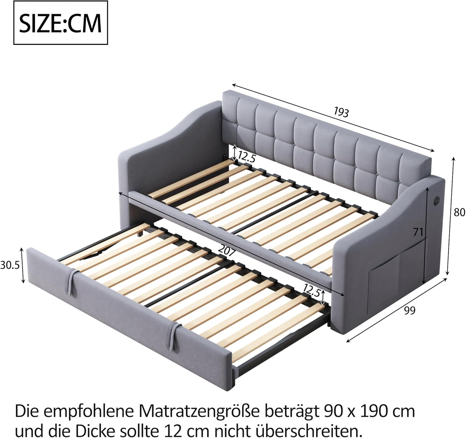 Divano Letto Estraibile 90/180 x 190 cm, Divano Letto Imbottito con Porta USB e Tasche Portaoggetti, Rete a doghe, Letto per Ospiti Tessuto in Velluto, Grigio
