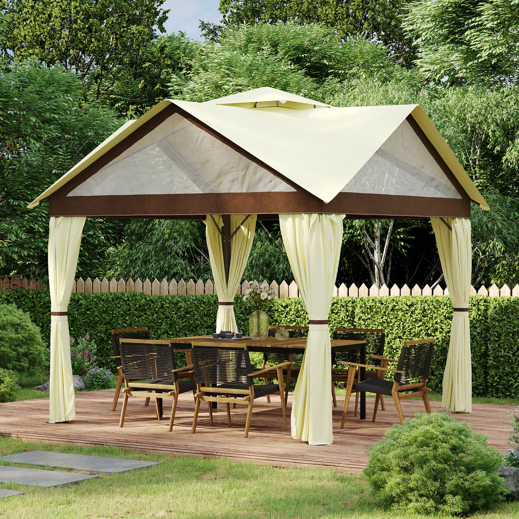 Outsunny Gartenpavillon Pavillon Pavillon Doppeldach mit abnehmbaren Seitenwänden Stahlrahmen 3,5 m x 3,5 m beige