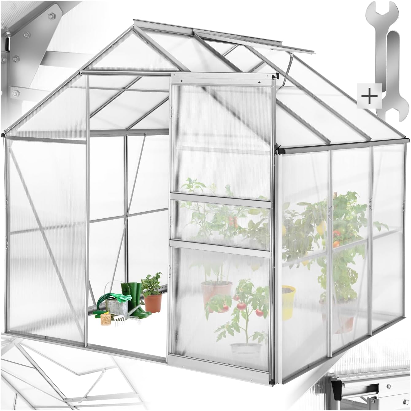 tectake® Aluminium Gewächshaus, 190x185x195 cm, Treibhaus, Tomatenhaus, Frühbeet, Pflanzenhaus, UV beständig, 4 mm Platte, Schiebetür & Dachfenster, Schutz vor Kälte, Regen und Frost - ohne Fundament
