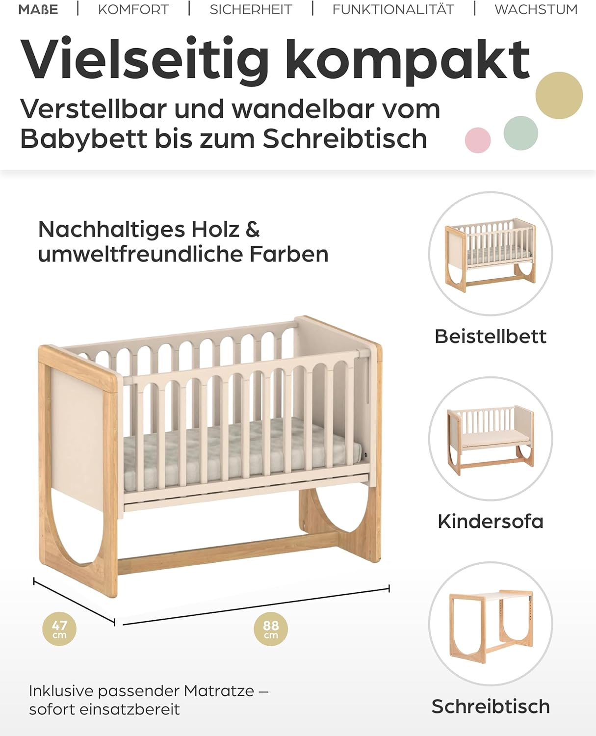 Geuther 4-in-1 Beistellbett Baby Hato, Baby Erstausstattung für Babyzimmer ab Geburt I Gitterbett umbaubar als Kinderbett, Sitzbank oder Kindertisch I Babybett mit Matratze I Buchenholz, Natur-Beige