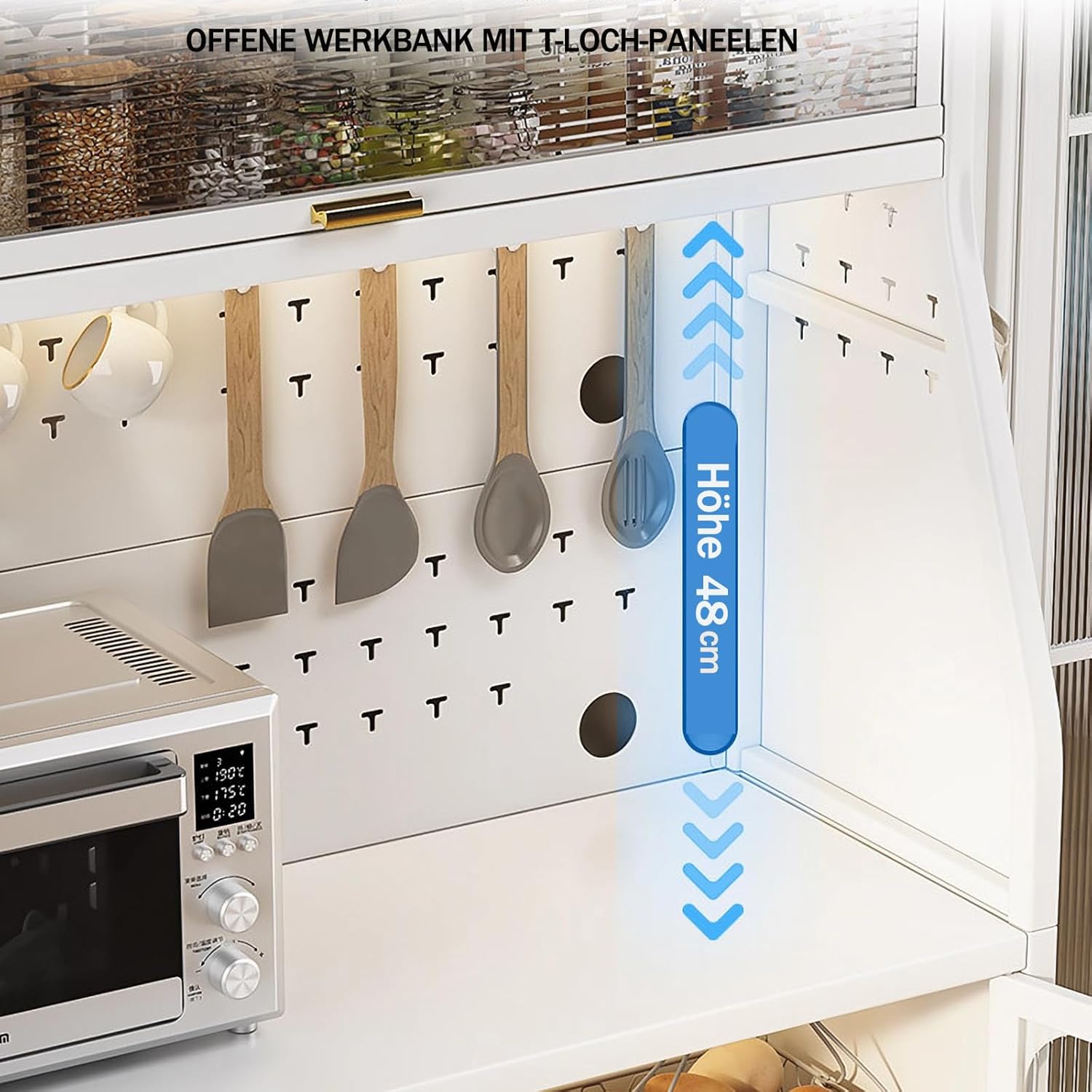 Credenza Cucina Alta con Ruote,Installazione senza viti,Mobile Microonde,Mobile Buffet con Ripiani Regolabili e Ante,Credenza Alta per Cucina,Soggiorno, Studio 160x66x36cm Bianco