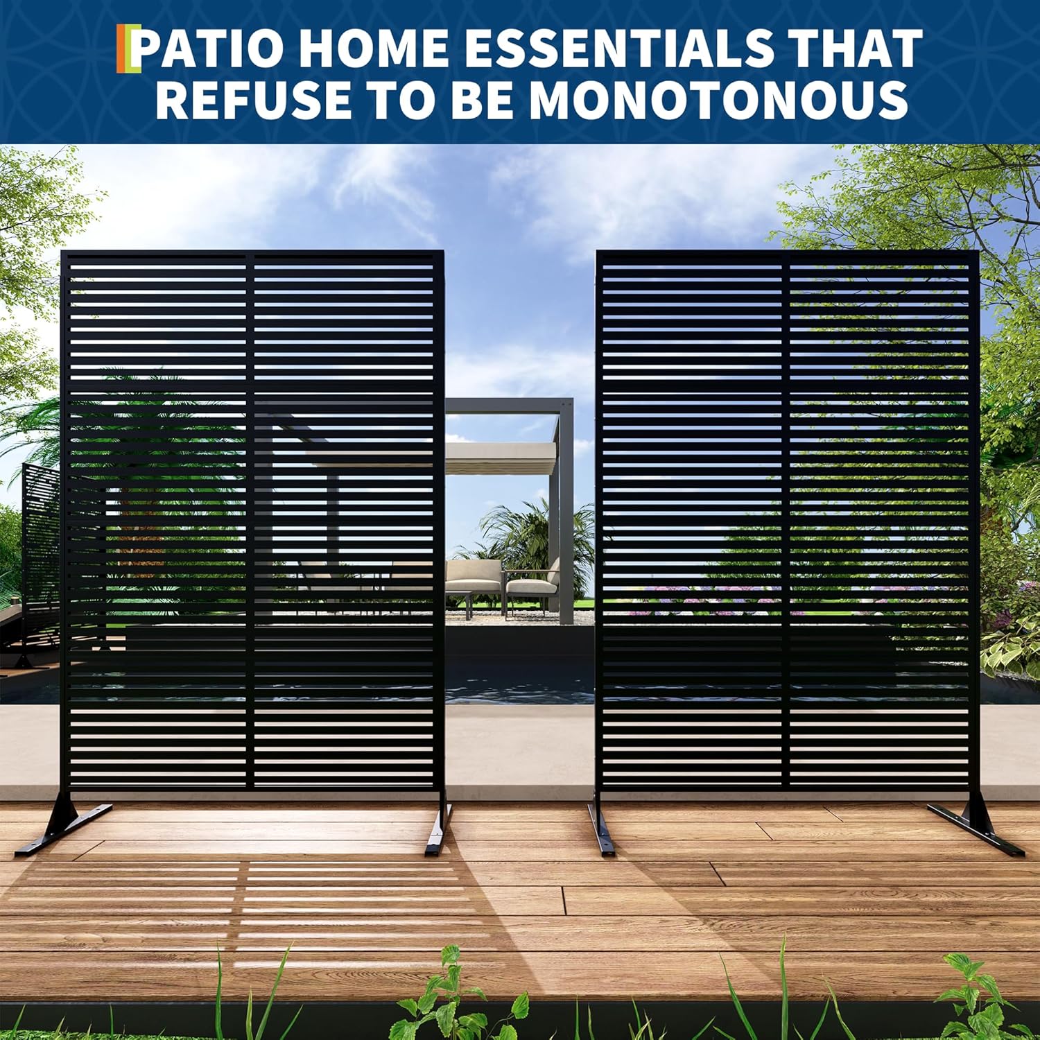 Sichtschutz Metall, Freistehender Paravent 180x120 cm, Wetterfester Sichtschutz Für Garten Terrasse Balkon Outdoor Deko, Raumteiler Mit Ständer, Verzinkter Stahl, Horizontalstreifen Schwarz